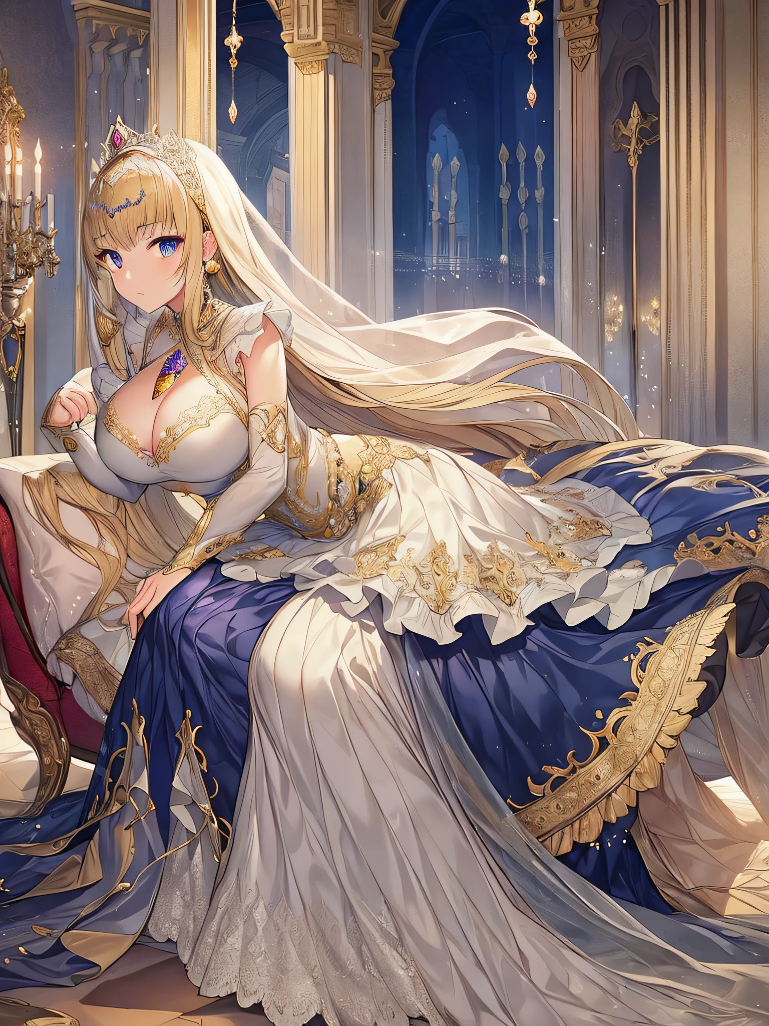 ((anime moe artstyle)),noble atmosphere,(Masterpiece), (Best Quality), (Super Detail),Illustration,(Very Delicate and Beautiful),Dynamic Angle,Looking at viewer,(((Solo))),((Full body)),(((1 gorgeous noble princess in ball gown with a voluminous skirt))),detailed beautiful face and eyes,jewel-like eyes,(Very Long Hair),gorgeous embroidery and lace,See-through,ornate ruffles,(gigantic breasts,Long breasts),(gorgeous embroidery ball gown with a voluminous skirt),