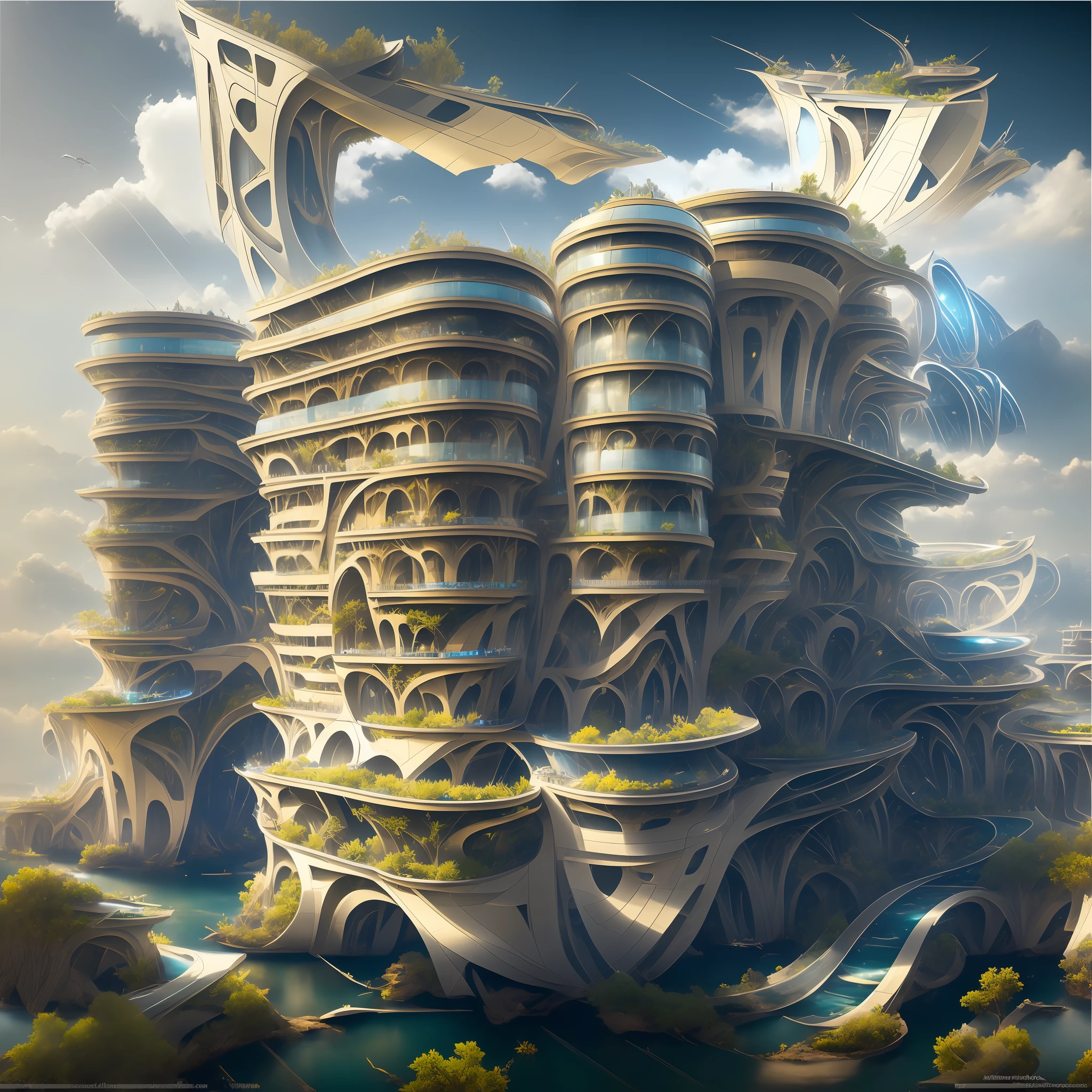 Airbrush drawing --v 5.1 style Futuristic design of an awesome sunny day environment concept art on a futuristic terrain with huge waterfalls,streams, mangroves,nature architecture, proportional,detailed,bright clouds, nature meets futuristic architecture by Santiago Calatrava and Vincent Callebaut with futuristic development, high rise made up staircases, balconies, full of composite glass facades, residential spaces carved from cliff side ,trending on artstation, beautiful lighting,In the style , fantasy, intricate, award winning, 4k, highest quality