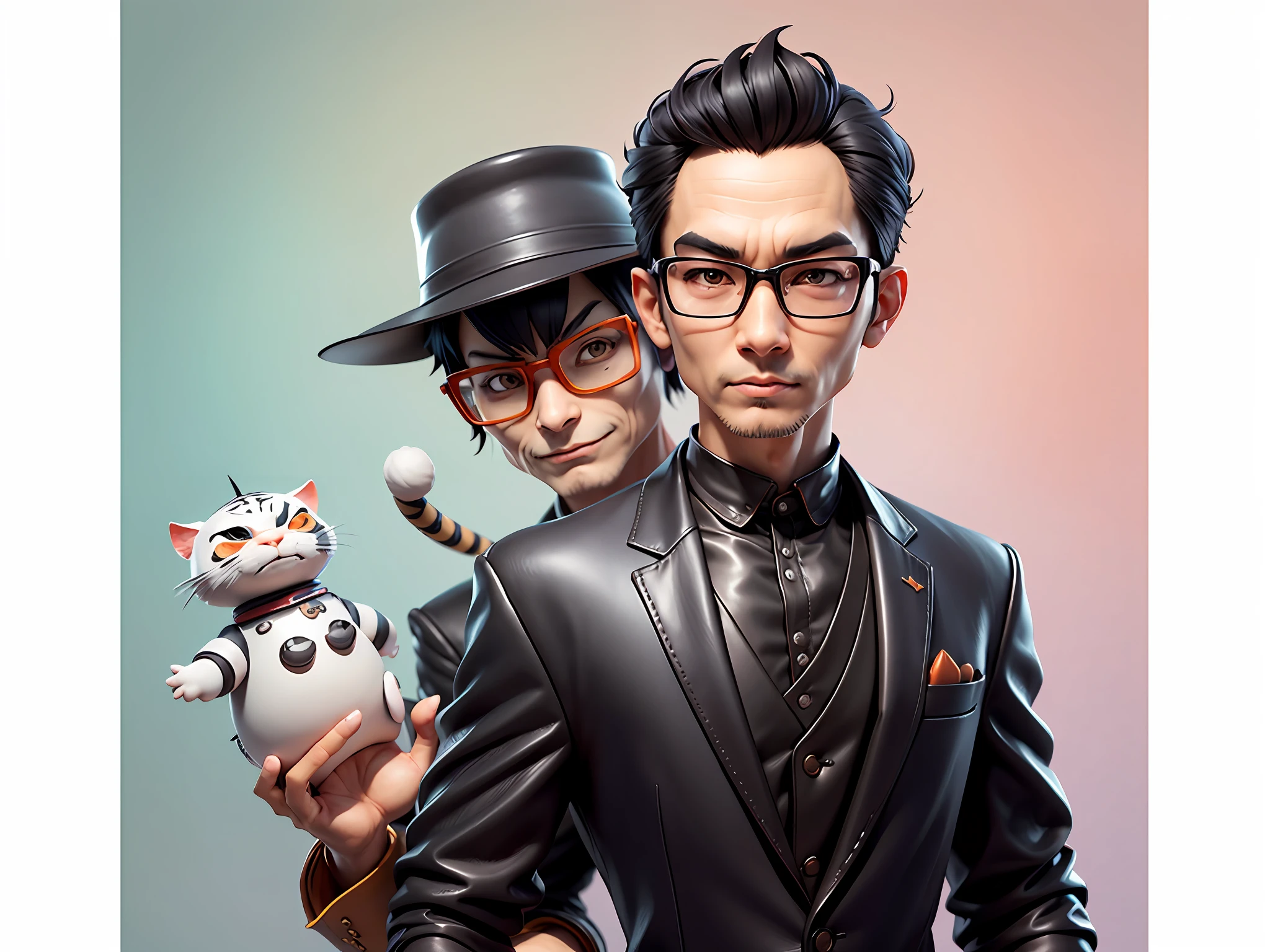 Young man with oriental face in leather hat, tiger, oriental face in formal suit, short black hair, silver glasses, digital painting, 3D character design by Mark Clairedon and Pixar and Hayao Miyazaki and Akira Toriyama, the illustration is a high-definition illustration in 4K resolution with very detailed facial features and cartoon-style visuals.