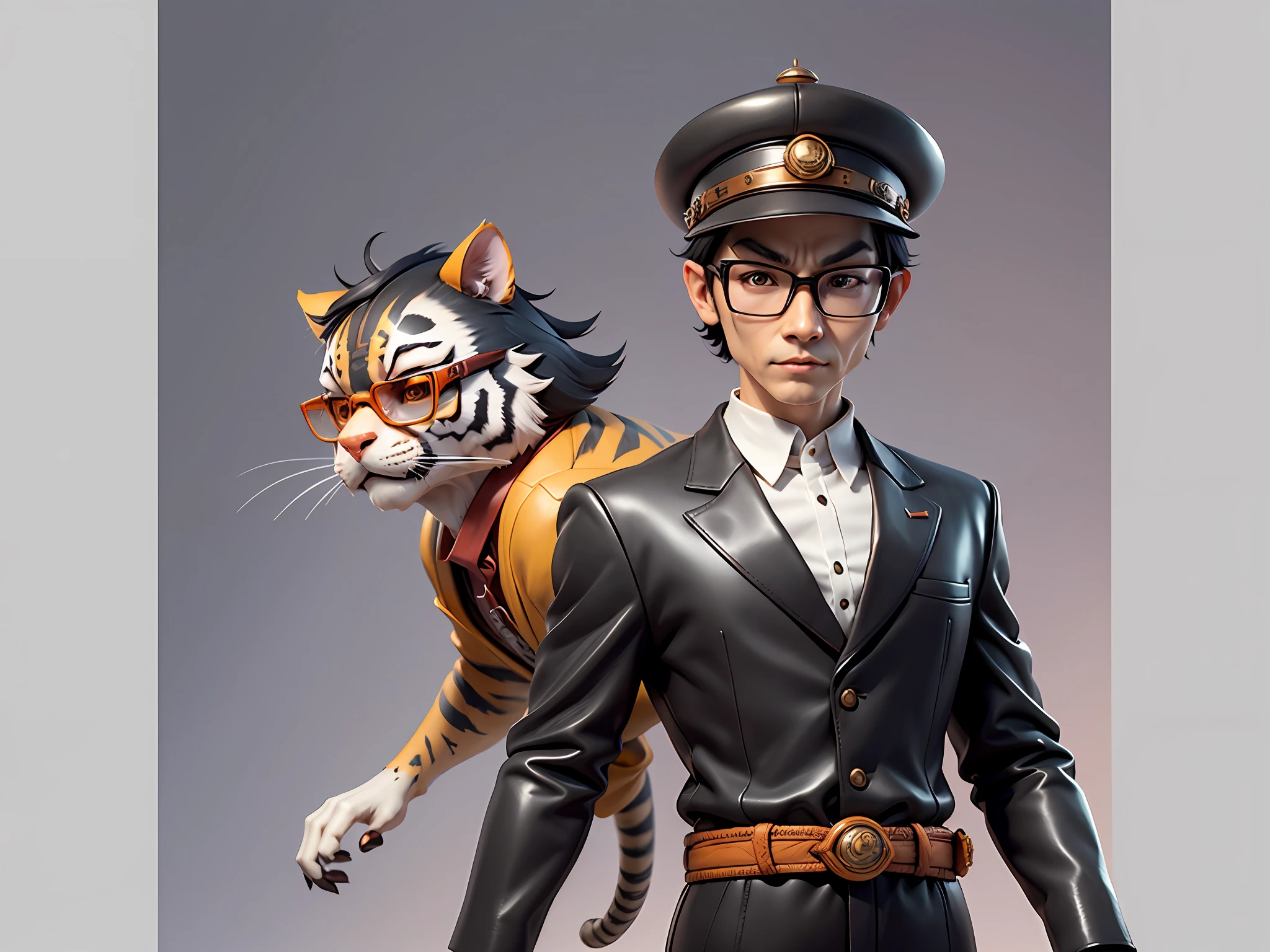 Young man with oriental face in leather hat, tiger, oriental face in formal suit, short black hair, silver glasses, digital painting, 3D character design by Mark Clairedon and Pixar and Hayao Miyazaki and Akira Toriyama, the illustration is a high-definition illustration in 4K resolution with very detailed facial features and cartoon-style visuals.