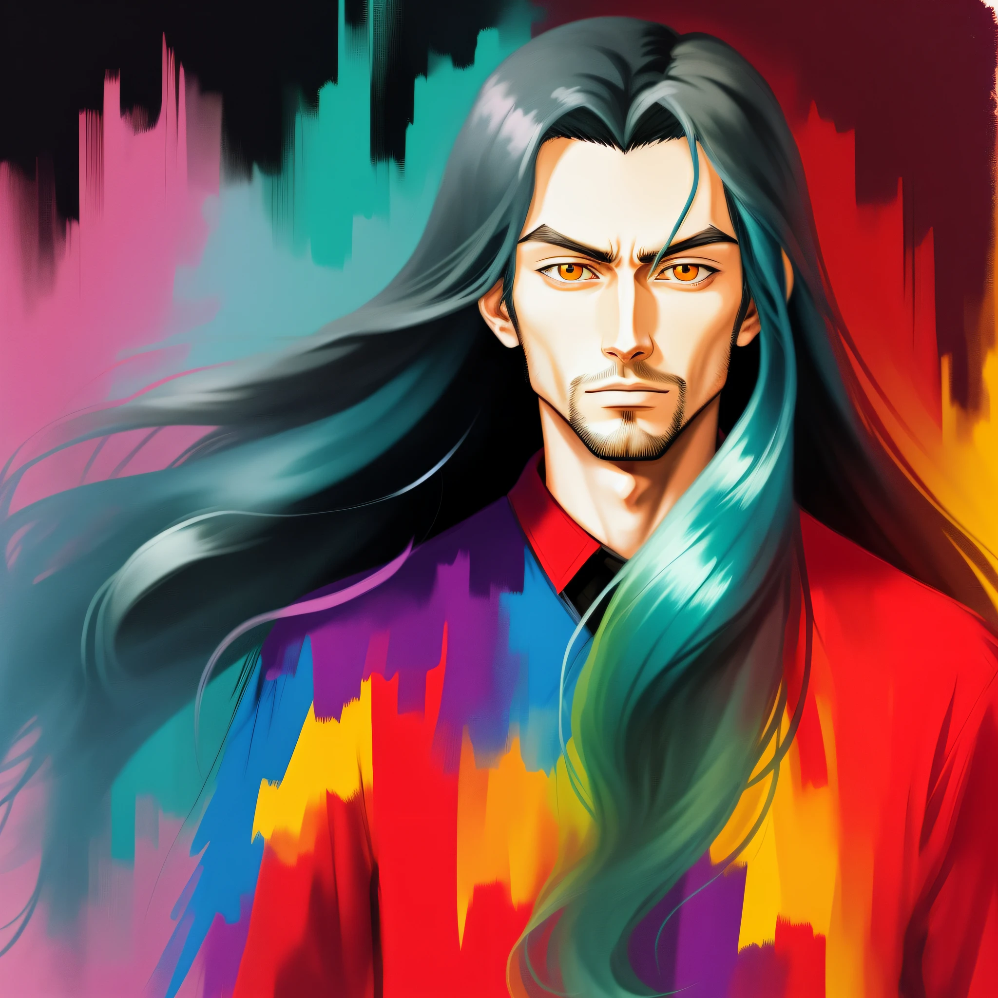 Anime style drawing of a man with long hair, Surreal Gouache Portrait Painting, Vivid Colors