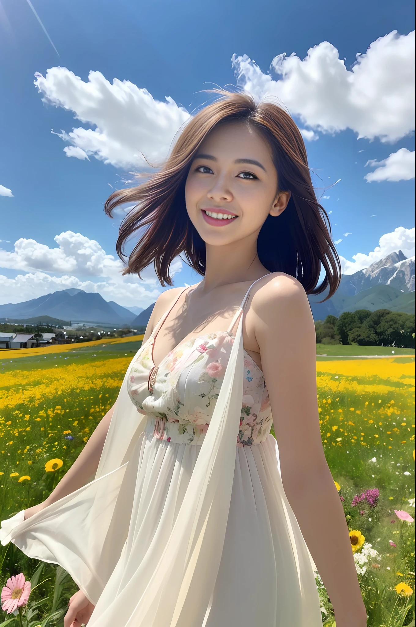 1 Girl, Dynamic Angle, Clouds and Mountains, (Flower Field: 1.4) in the foreground, White dress, Light tracing, (Floating Colorful Wind: 1) (Realistic: 1.4), Official Art, Unity 8k wallpaper, Ultra detailed, Beautiful and beautiful, Masterpiece, Best Quality, Glow Skin, Movie Lighting, Light Smile