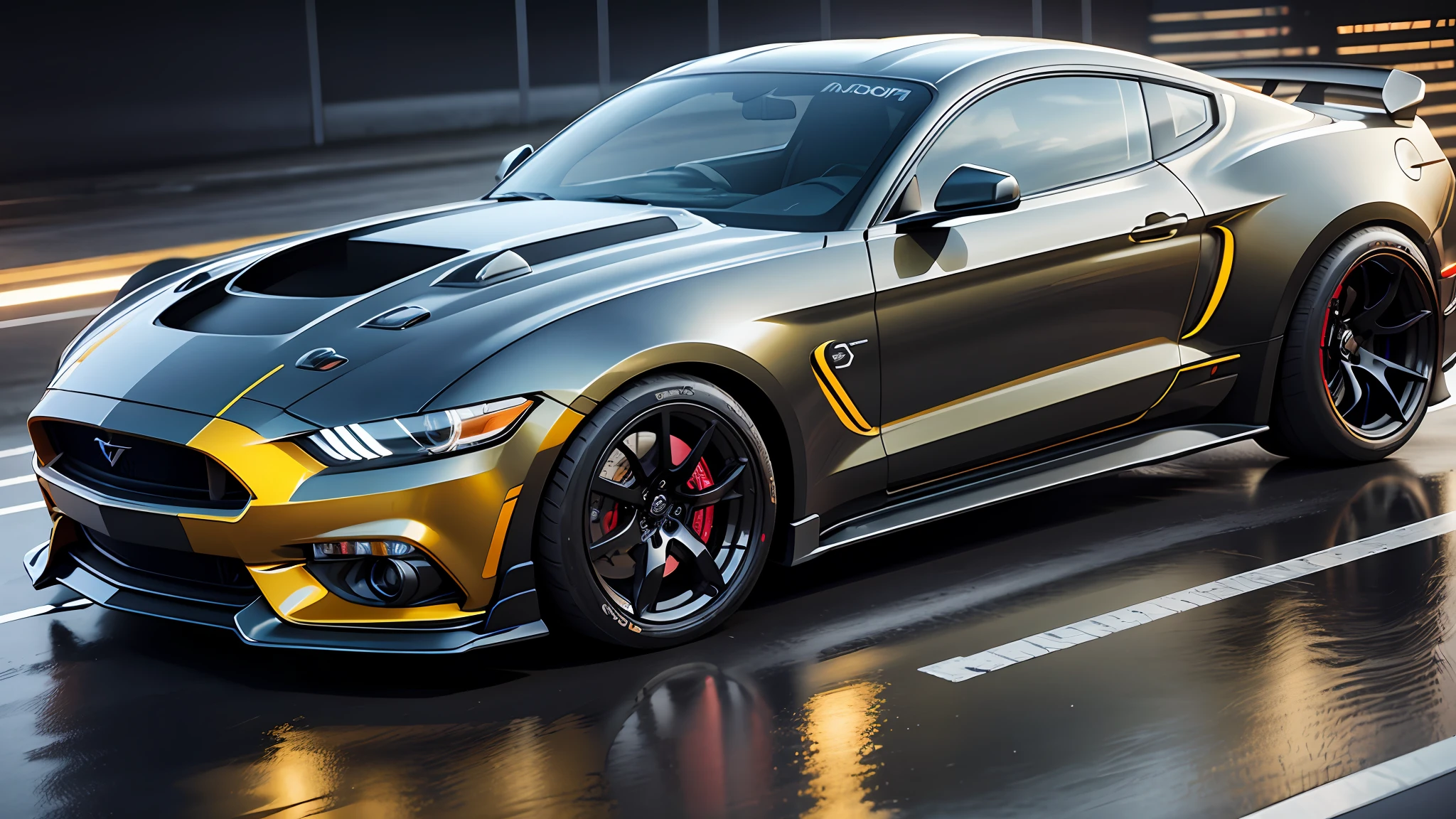 [ Automotive side Photo ]  [Car: Mustang  yellow/black   futuristic car]  [ Environment: Technology: where cars are captured in high-tech environments, such as in front of a futuristic building or in a research lab] [Lighting:Night photography uses low-light conditions to capture the car's exterior and interior features under the night sky] hd, highly detailed, realistic, motion blur, photo taken with Canon Eos R5 8k 45mp telephoto lens. 3D render, Vray, PBR car paint texture, hyper detailed --auto --s2