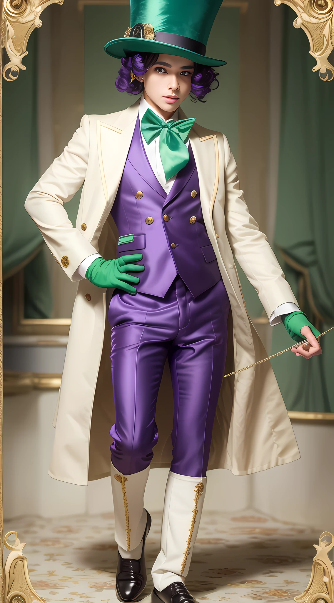 Blindt is a small young man with blue eyes and long eyelashes, and curly cone-shaped violet hair styled into five cone-ring curly cones. His costume is a late Baroque-style outfit, consisting of a moss-colored frock coat with pearl embroidery, a white cravat with a red brooch, a bright green justacorps with edges and golden sleeve frame, a coordinated green top hat, brown pants, white socks, white heeled shoes with gold buckles and white gloves, Playing Beyblade ,