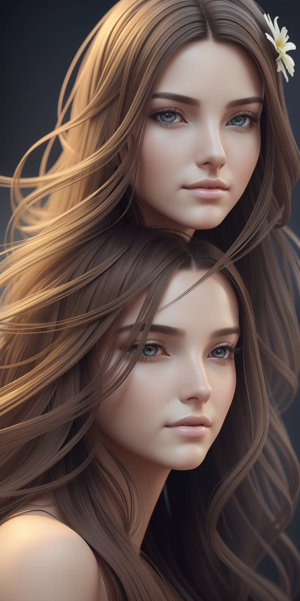 Concept art, smooth, sharp focus, Painting of a woman with long brown hair and a flower in her hair, detailed hazy hair, bright wlop skin, perfect face shaded ealistic, ethereal vaporous tanned skin, shiny flowing hair, long and shiny ethereal hair, LBLSCK hair, stylized portrait H 640, realistic shaded perfect face, sensual expression, detailed sensual face, detailed realistic face,art by Gustave Dore,octane render,4k
