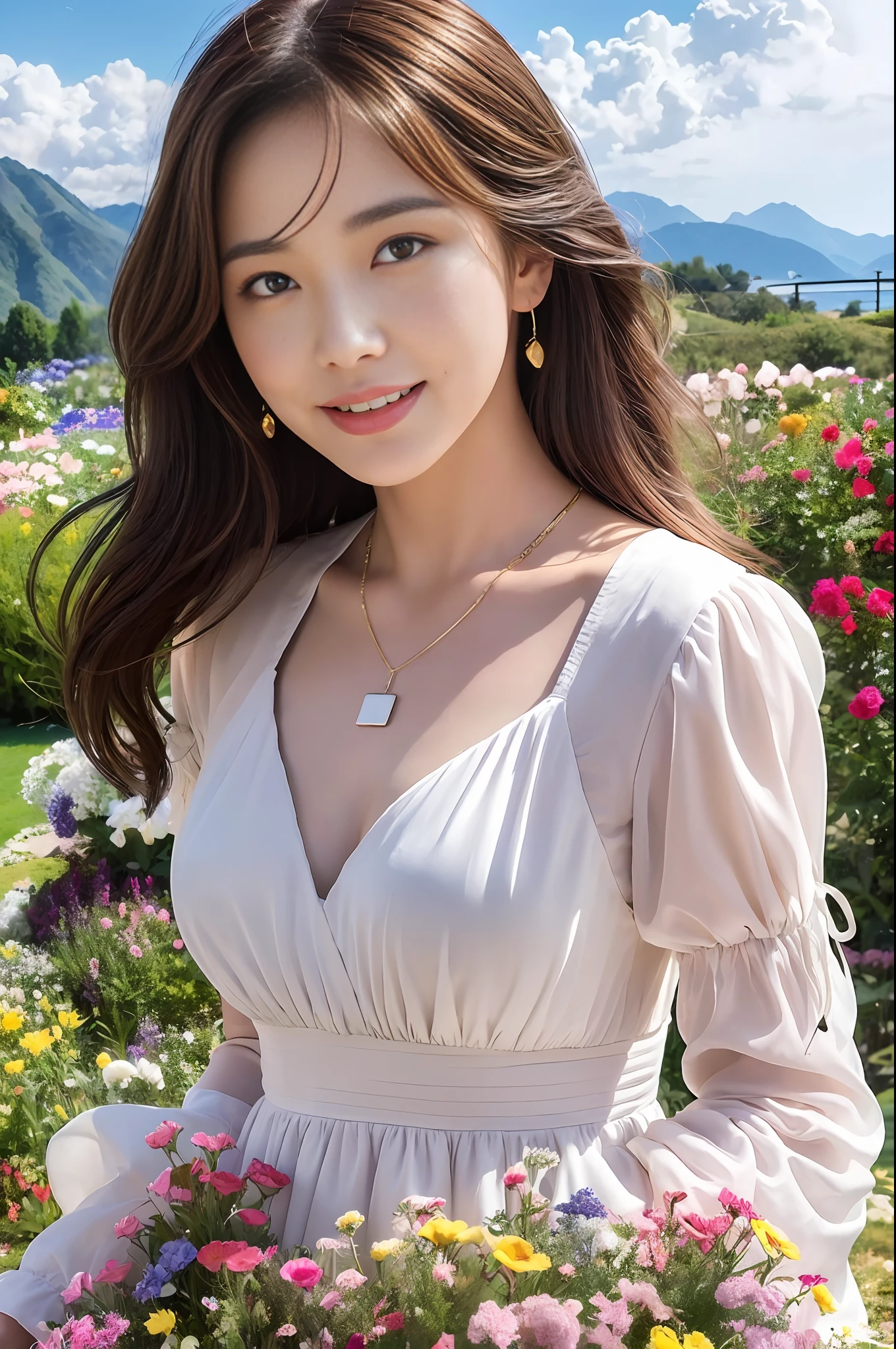 1 Girl, Dynamic Angle, Clouds and Mountains, (Flower Garden: 1.4) Foreground, White Dress, Light Tracing, (Floating Colorful Wind: 1) (Realistic: 1.4), Official Art, Unity 8k Wallpapers, Ultra Details, Beautiful and Beautiful, Masterpiece, Best Quality, Glowing Skin, Movie Lights, Light Smile, Necklace