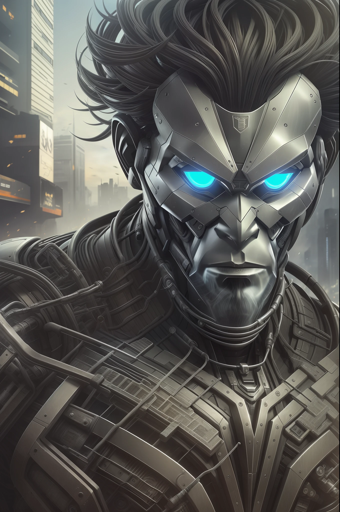 A man with an impressive monkey head emerges from the chaos of a dystopian future. Wearing advanced cybernetic armor, he represents the evolution of the human species. His imposing and powerful presence is intensified by the contrast between his primal appearance and the technological elements that surround him. The image is a high-quality, detailed and realistic representation that captures the essence of this new form of life. --auto --s2