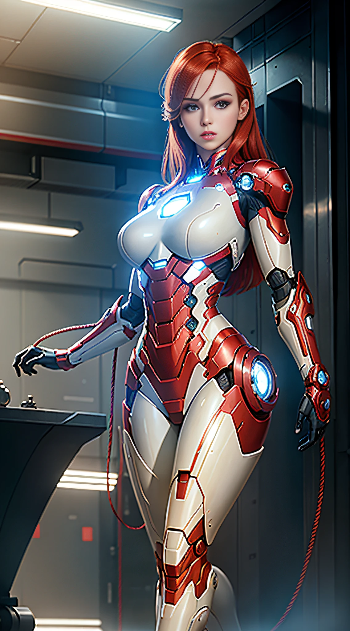RAW, masterpiece, ultra thin photo, best quality, ultra high resolution, photorealistic, sunlight, full body portrait, incredibly beautiful, dynamic poses, sexy, delicate face, vibrant eyes, (red hair), she is using a futuristic Iron Man engine, red and gold color scheme, highly detailed robot factory background, detailed face, detailed and complex busy background, messy, gorgeous, milky white, highly detailed skin, realistic skin details, visible pores, sharp focus, volumetric mist, 8k uhd, dslr camera, high quality, film grain, fair skin, photorealism, lomography, expanding metropolis in futuristic dystopia, view from below, translucent, cables connected to robots,