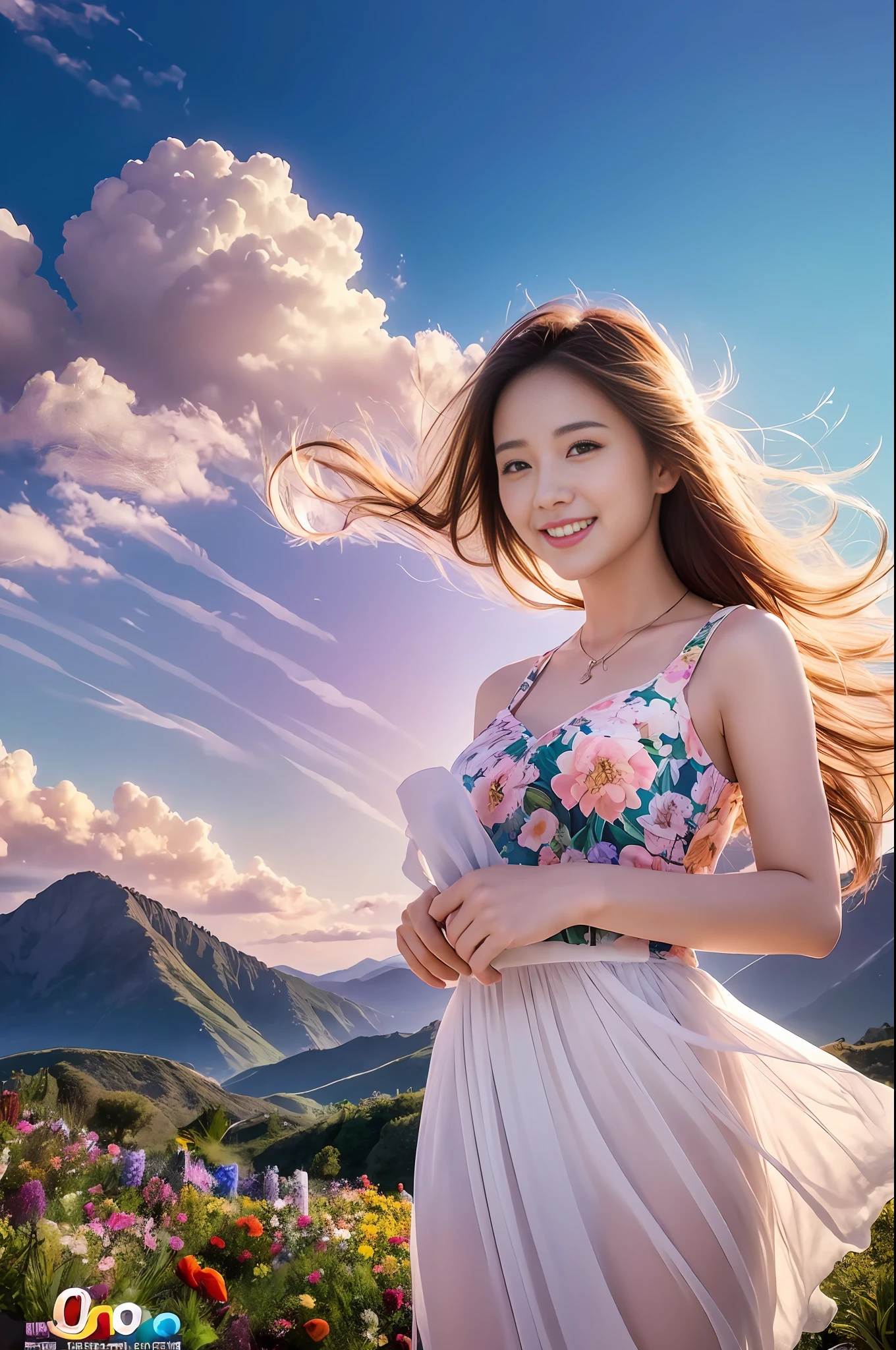 1 Girl, Dynamic Angle, Clouds and Mountains, (Flower Garden: 1.4) Foreground, White Dress, Light Tracing, (Floating Colorful Wind: 1) (Realistic: 1.4), Official Art, Unity 8k Wallpapers, Ultra Detail, Beautiful and Beautiful, Masterpiece, Best Quality, Glowing Skin, Movie Lighting, Light Smile, Necklace, Korean Women