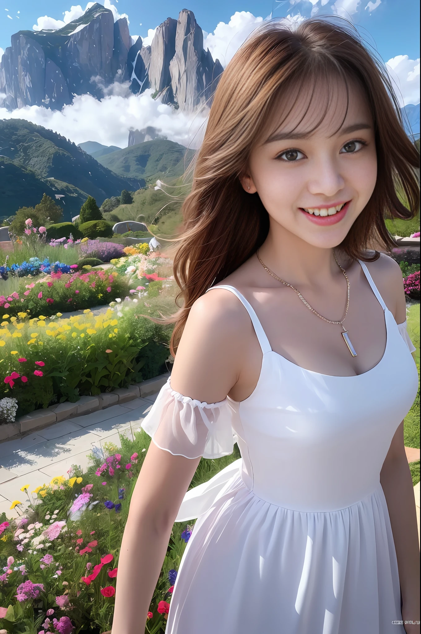 1 Girl, Dynamic Angle, Clouds and Mountains, (Flower Garden: 1.4) Foreground, White Dress, Light Tracing, (Floating Colorful Wind: 1) (Realistic: 1.4), Official Art, Unity 8k Wallpapers, Ultra Detail, Beautiful and Beautiful, Masterpiece, Best Quality, Glowing Skin, Movie Lighting, Light Smile, Necklace, Korean Women