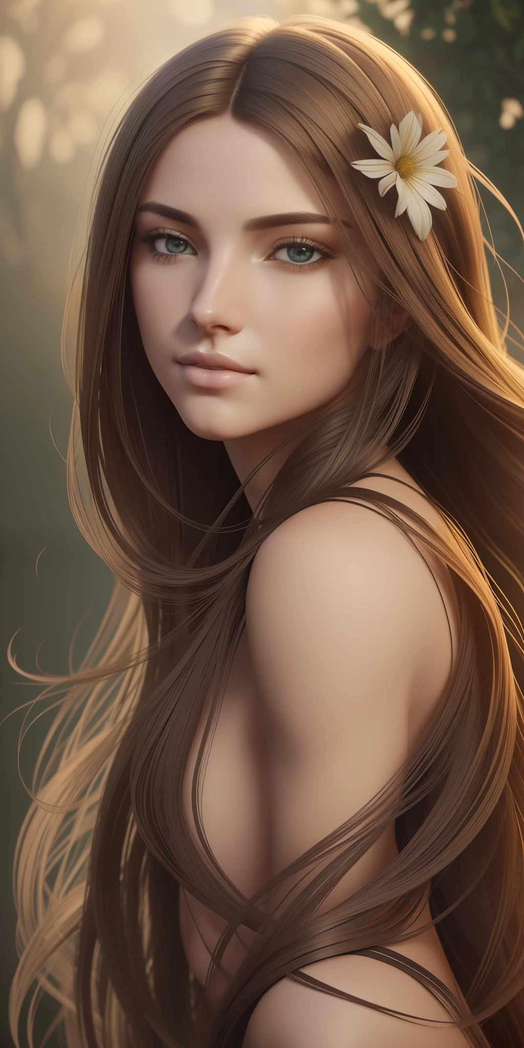 Concept art, smooth, sharp focus, Painting of a woman with long brown hair and a flower in her hair, detailed hazy hair, bright wlop skin, perfect face shaded ealistic, ethereal vaporous tanned skin, shiny flowing hair, long and shiny ethereal hair, LBLSCK hair, stylized portrait H 640, realistic shaded perfect face, sensual expression, detailed sensual face,  detailed realistic face,art by Gustave Dore,octane render,4k