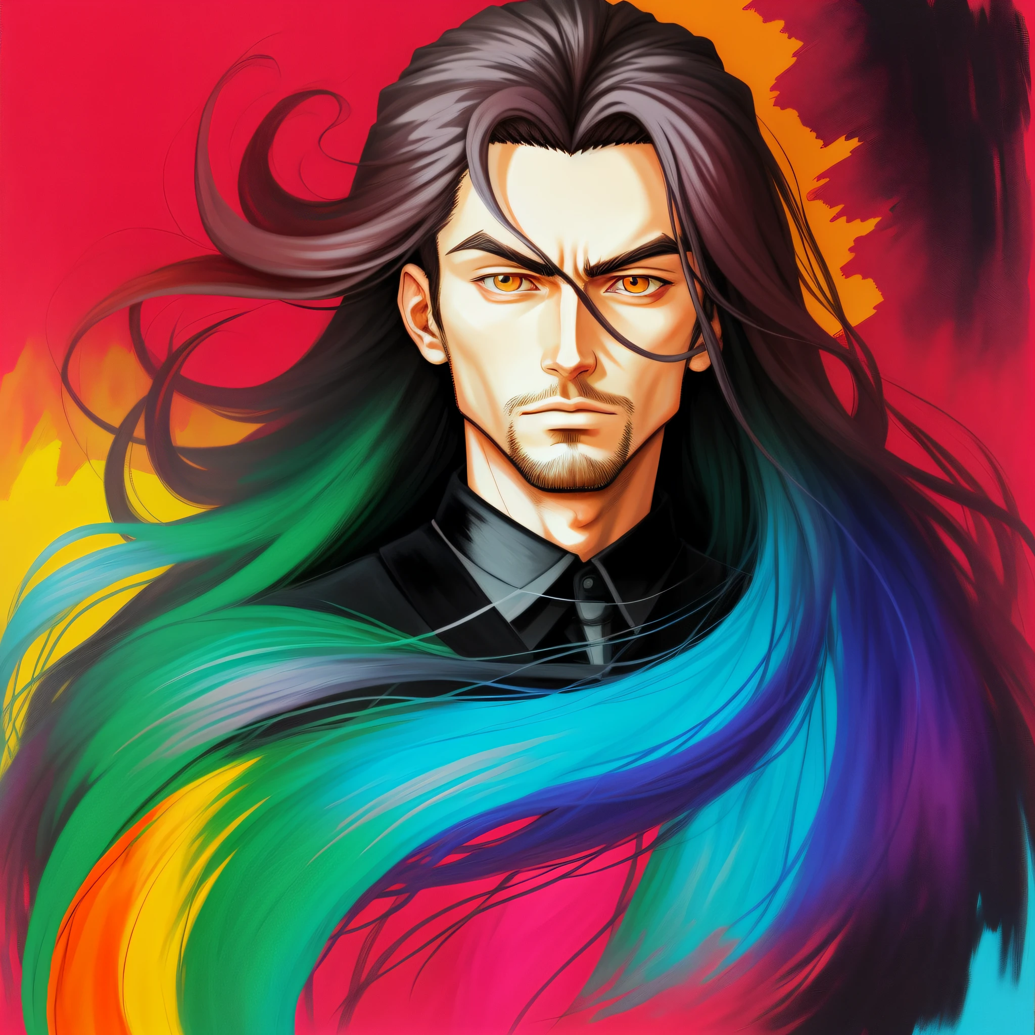 Anime style drawing of a man with long hair, Surreal Gouache Portrait Painting, Vivid Colors