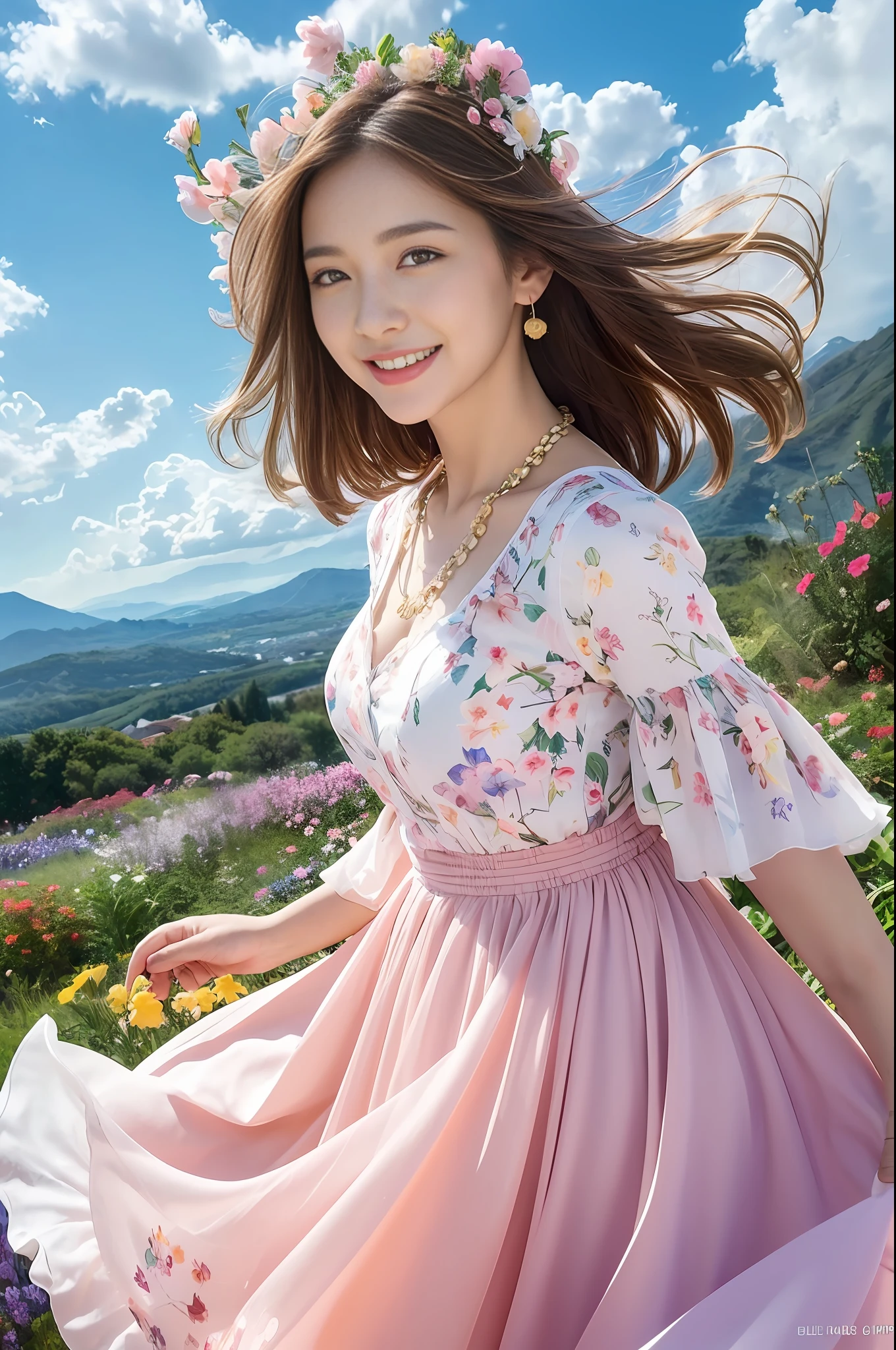 1 Girl, Dynamic Angle, Clouds and Mountains, (Flower Garden: 1.4) Foreground, White Dress, Light Tracing, (Floating Colorful Wind: 1) (Realistic: 1.4), Official Art, Unity 8k Wallpapers, Ultra Detail, Beautiful and Beautiful, Masterpiece, Best Quality, Glowing Skin, Movie Lighting, Light Smile, Necklace, Korean Women