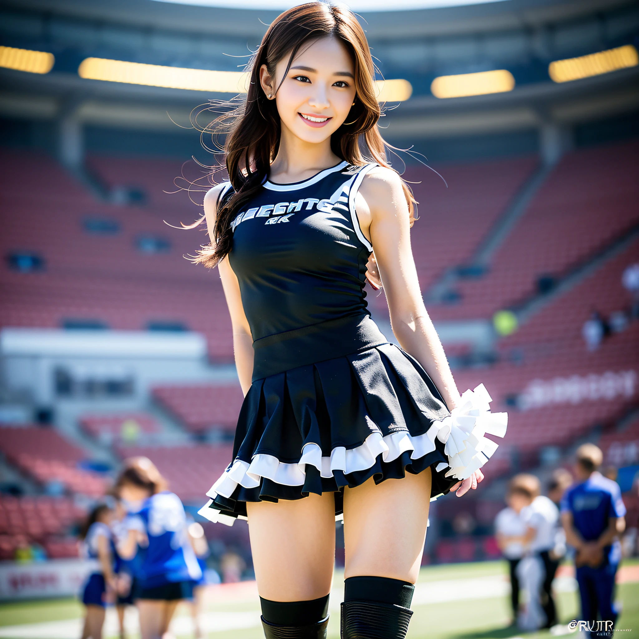 (8k, masterpiece, best quality, high resolution, photorealistic, real girl), (1girl), densely drawn stadium, cheerleader, (body wet with sweat, face wet with sweat: 1.3): 0.2, model figure, ruffled miniskirt, knee-high boots, dainty Japan of 18 years old, very detailed face, double eyelids, makeup, lip gloss, super densely drawn body, Dense arms, dense hands, precise feet, smile, face focused, standing, small face, full body from a little distance, sharp focus, shortcut, facing the viewer, bright lighting