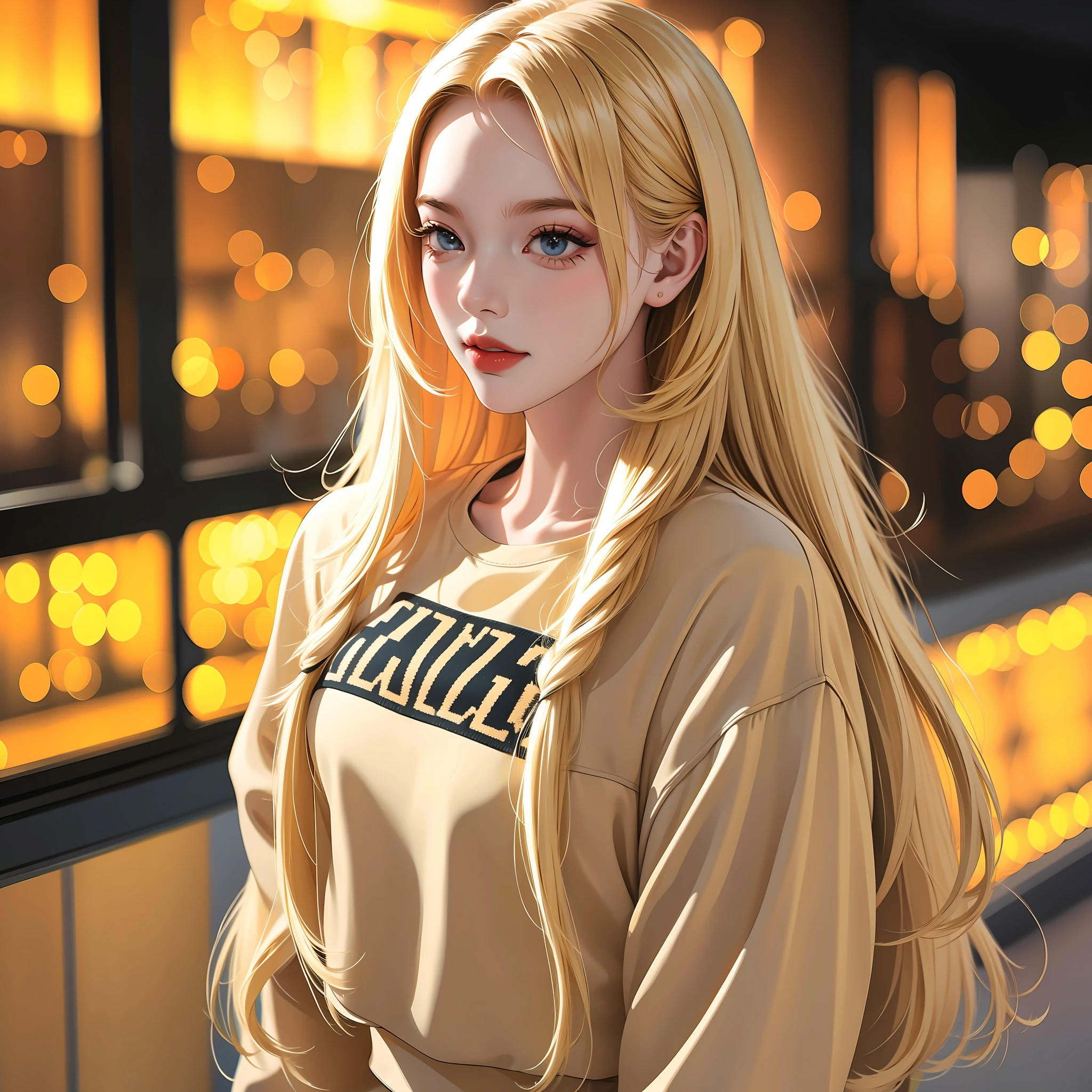 Long blonde hair, sweatshirt, beauty