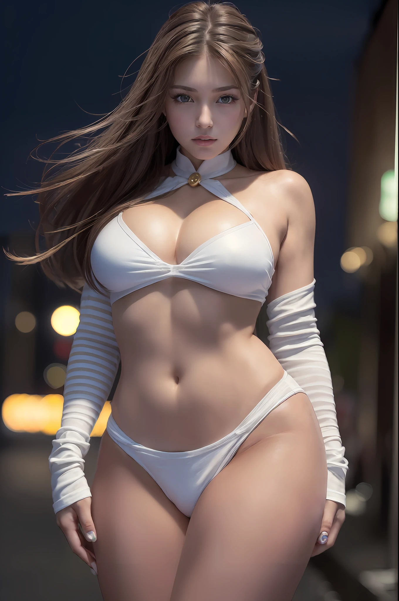 Sailor Moon, Real Life Style, (((Top Quality, Masterpiece: 1.3)), (((Russian Beauty)), 1 Female, , Big: 1.3, Detailed Skin, Slender Body Type: 1.1, Toned Abs, Blonde Semi-Long Hair, Ultra Detailed Face, Detailed Lips, Detailed Eyes, Double Eyelids, Smile, Look Right, Jump, Brown Eyes, Super Wide Shot, Yotsubai, Full Body, Neon, street, night, business district, sailor moon