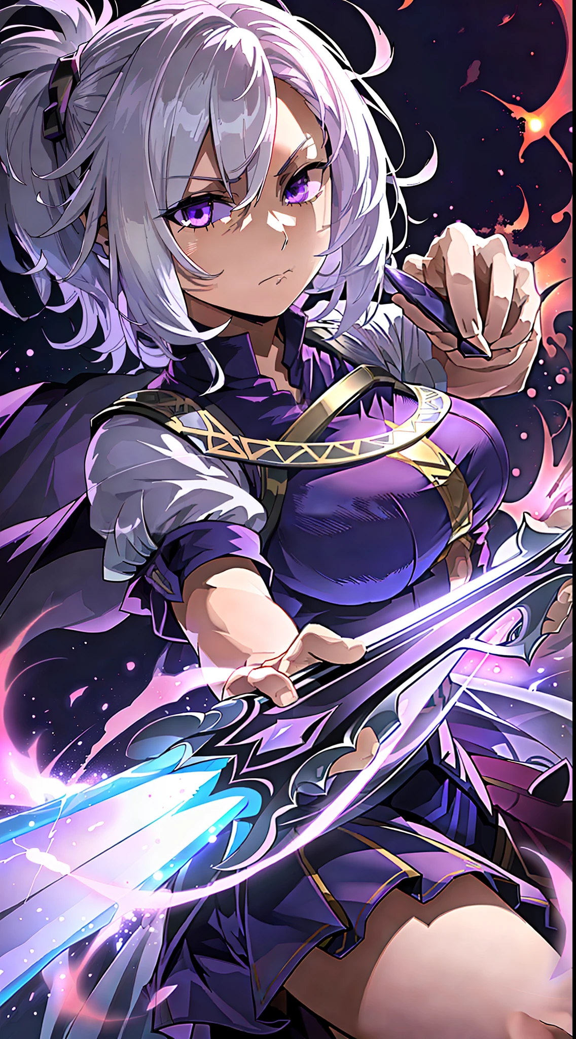 colorful, 1 girl, white hair, purple eyes, double hilt, sword, hand sword, blue flames, brilliance, bright weapon, light particles, wallpaper, chromatic aberration,