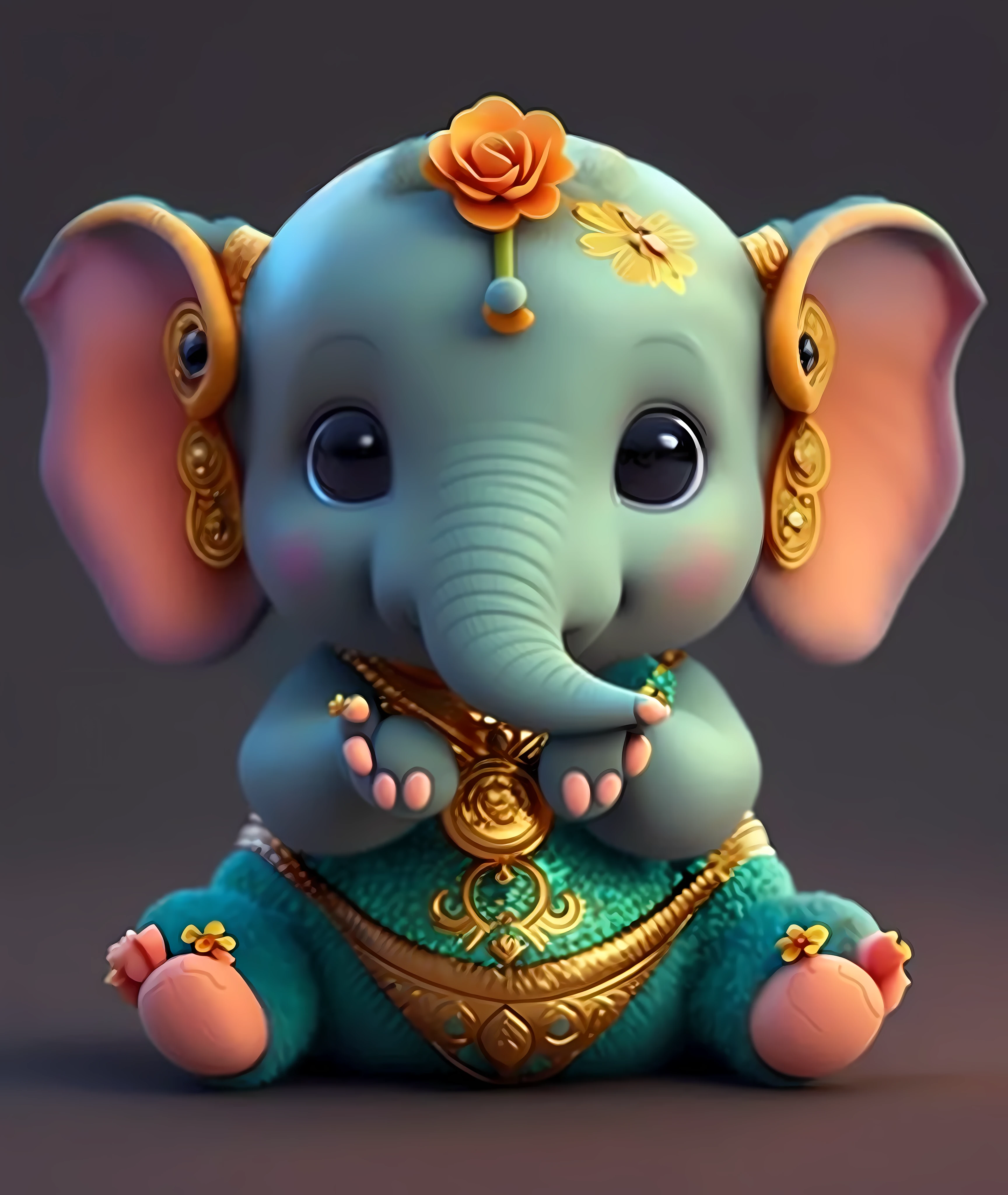 a close up of a small elephant with a flower on its head, cute elephant, ganapati, ganesha, 🐋 as 🐘 as 🤖 as 👽 as 🐳, colored elephant art, ganesh, focus on the elephant, hindu aesthetic, adorable digital painting, an elephant king, 8k)), indian god, an elephant doing yoga poses, elephant