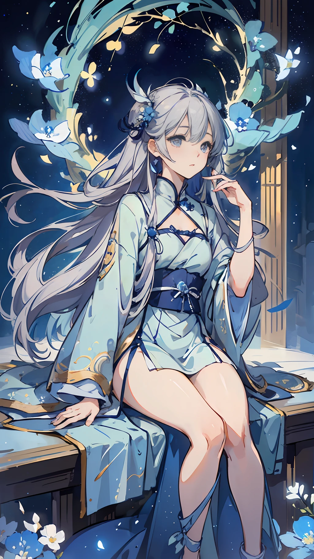 Starry sky, long silver hair, fluttering in the wind, light blue Chinese style Han dress, hands caressing cheeks, (sitting), (looking up at the starry sky), ((8K resolution, master works, shocking composition, full body photo))) starry sky, endless flowers and trees --auto --s2