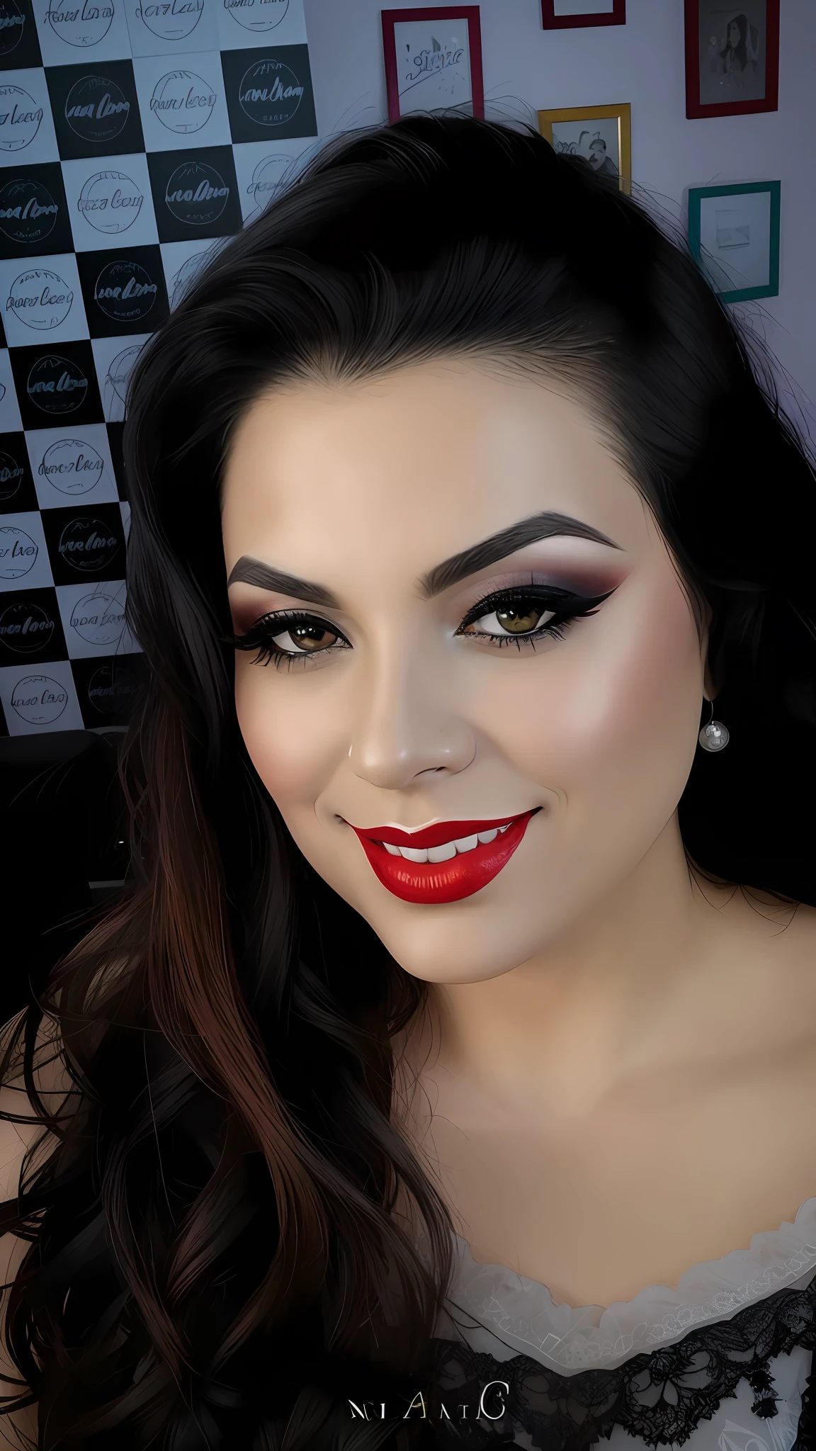 there is a woman with a red lipstick and a black top, sexy face with full makeup, inspired by Gina Pellón, sultry look, with professional makeup, inspired by Márta Lacza, thick fancy makeup, inspired by Maria Helena Vieira da Silva, dramatic lighting on the face, heavy makeup, by Gina Pellón, heavy make up