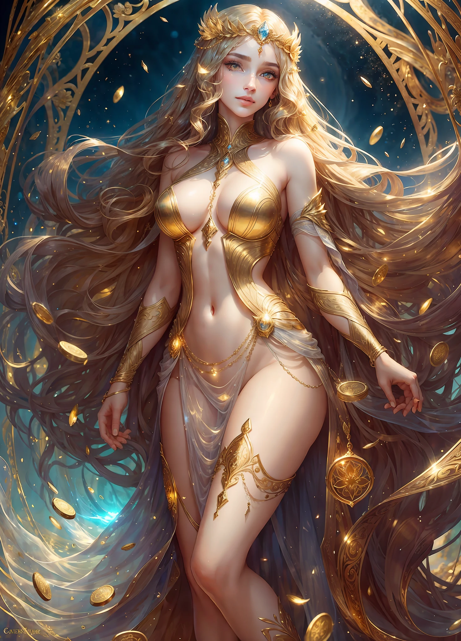 Full body shot, illustration, film light, fantasy, highest quality, super detailed, best quality, masterpiece, (detailed face), tall sexy mature woman, dress made of gold coins chained together, glowing quicksand, floating embers Crystals, golden hair accessories, metal that reflects sunlight, (body focal length: 1.25), clear blue sky, desert ocean in the background, long curly hair, golden eyes, magic, darkness, light reflection --s2