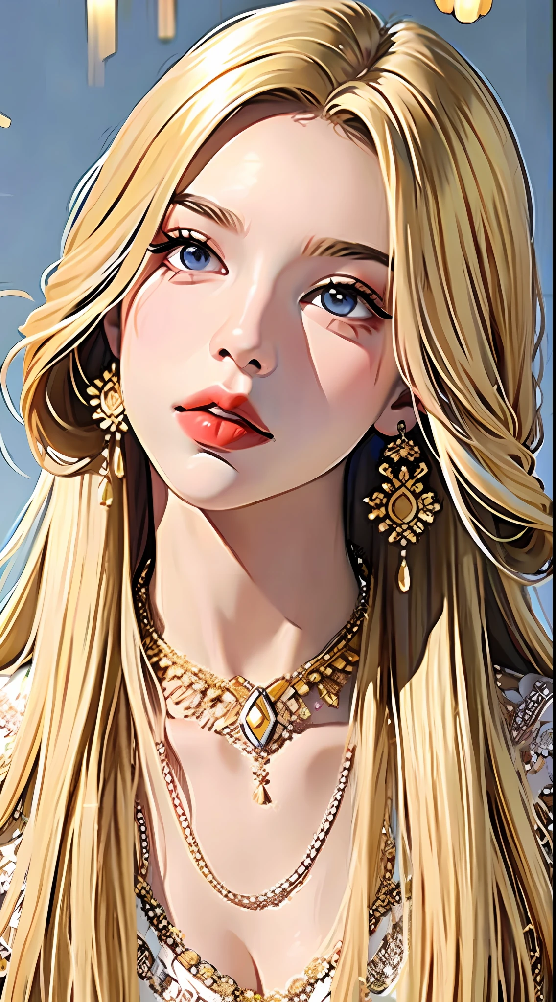 Long blonde hair, crystal diamond necklace, beauty