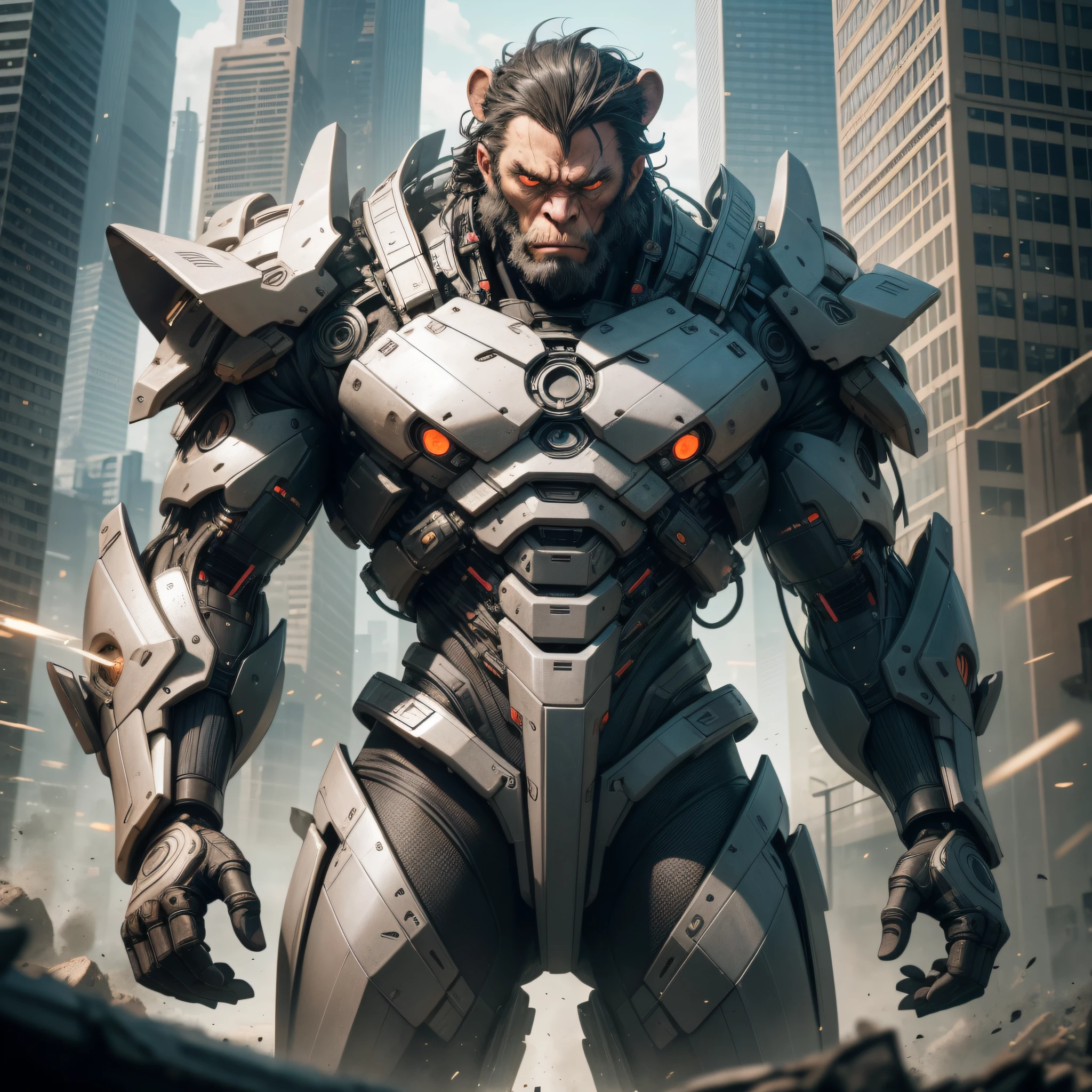 A man with an impressive monkey head emerges from the chaos of a dystopian future. Wearing advanced cybernetic armor, he represents the evolution of the human species. His imposing and powerful presence is intensified by the contrast between his primal appearance and the technological elements that surround him. The image is a high-quality, detailed and realistic representation that captures the essence of this new form of life. --auto --s2