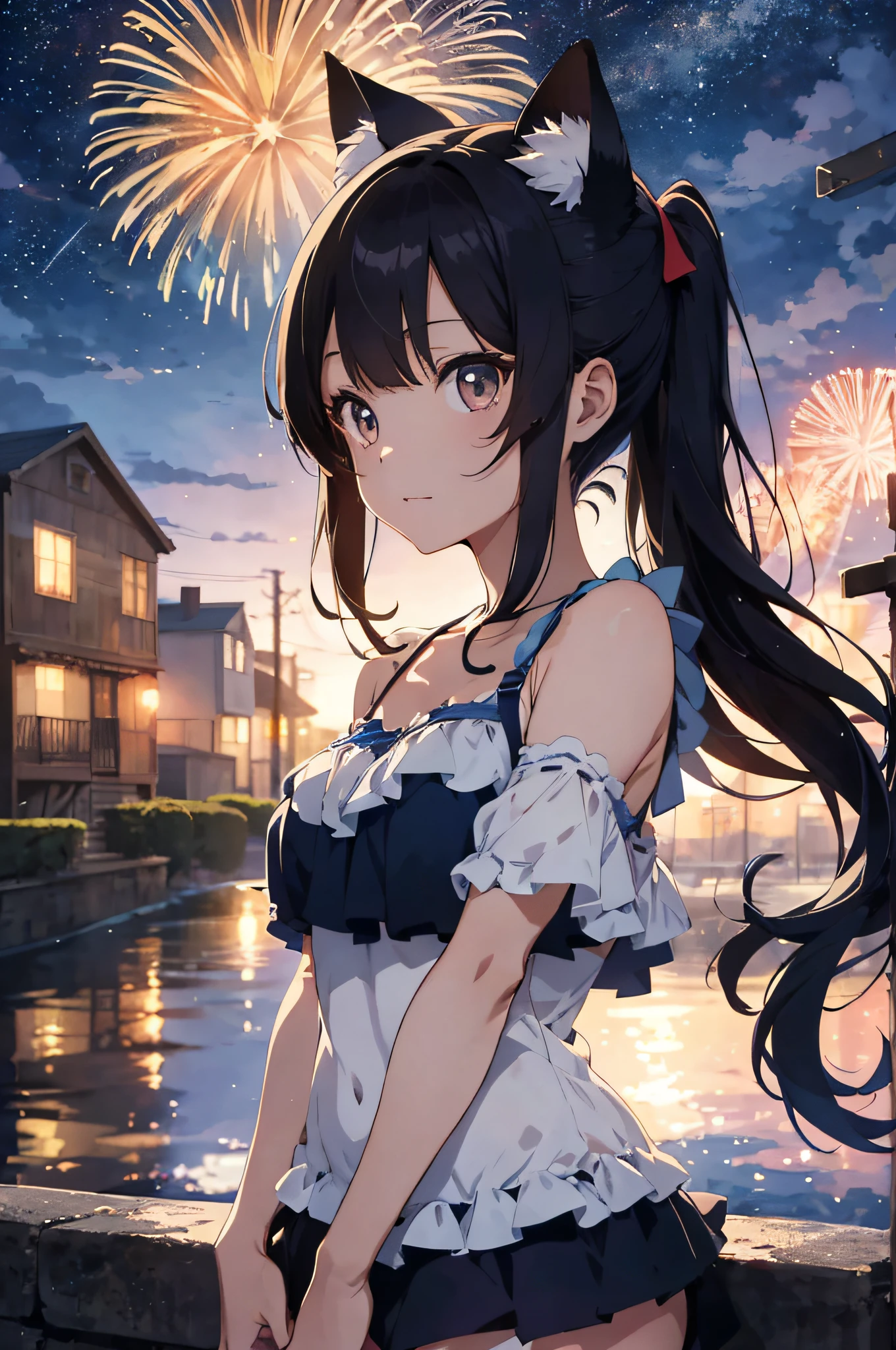 Anime cat-eared girl in bikini with cat ears, shoulder looking, anime drawing by Yang J, pixiv contest winner, serial art, digital anime illustration, kawashi, anime style illustration, anime style 4K, beautiful anime portrait, anime style portrait, anime style artwork, Guweiz style artwork, Anime Illustration, Digital Anime Art, Detailed Digital Anime Art, Beautiful Starry Sky, Fireworks
