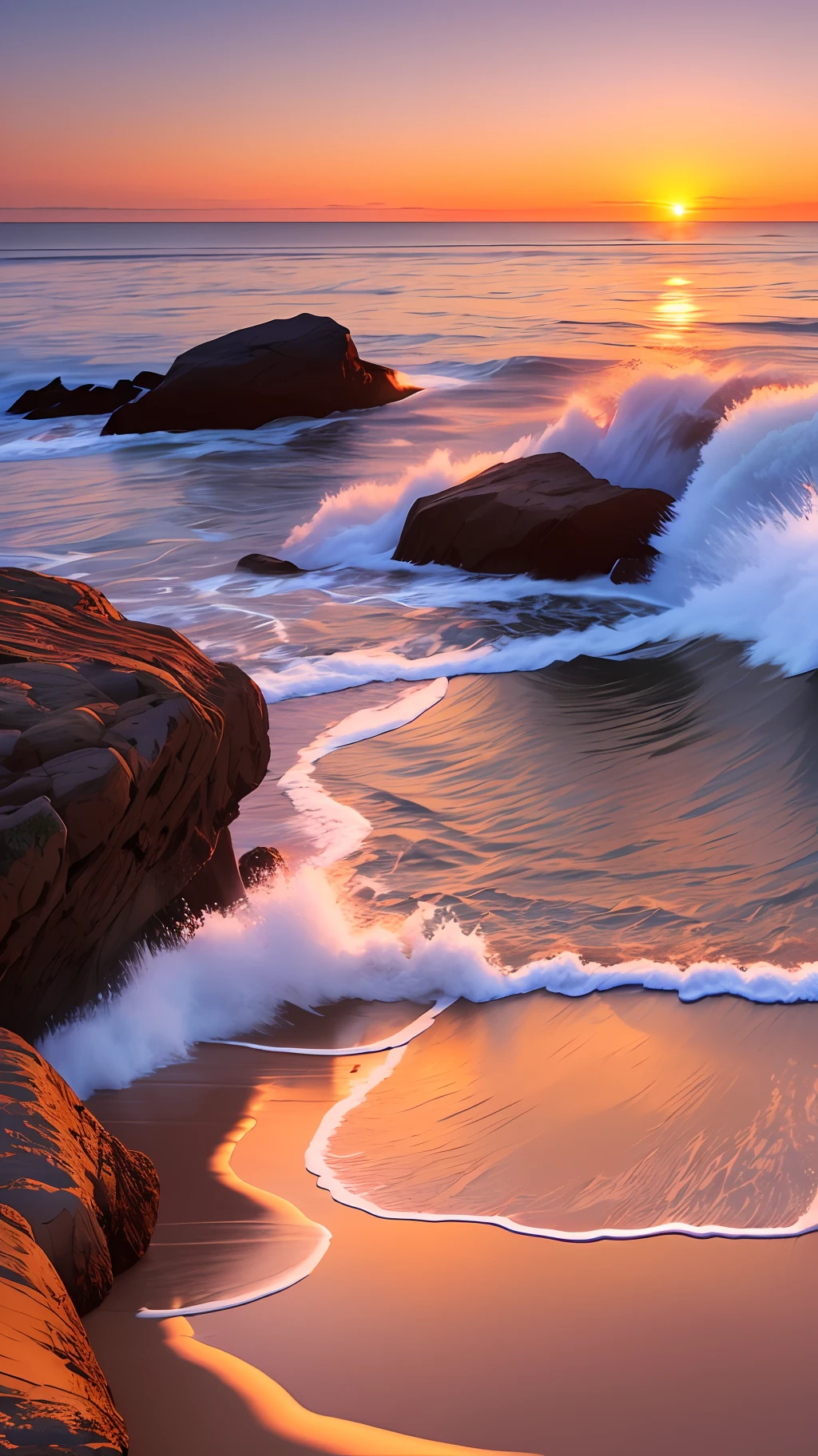 Produce a realistic 4k image of a calm ocean at sunset --auto --s2