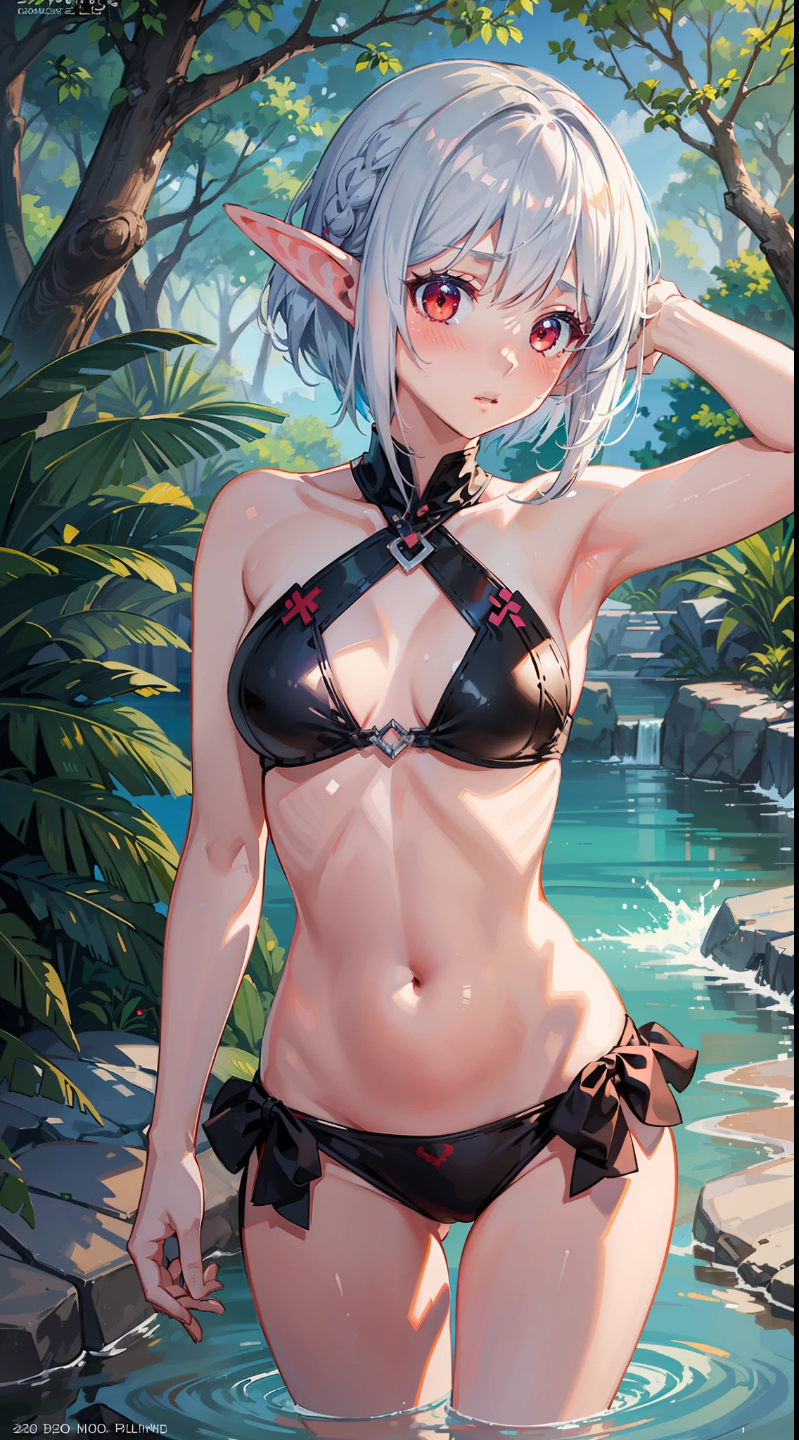 1 Girl Full Body, Elf, Silver Hair, Red Eyes, Bob Cut, Braid, Swimsuit, Bikini, Facing Front, (Putting Both Hands on Their Face), (Surprised), (Blushing), Concept Art, Beautiful Anime Scene, Beautiful Anime Scenery, Top Rated on pixiv, Best Quality, 4K