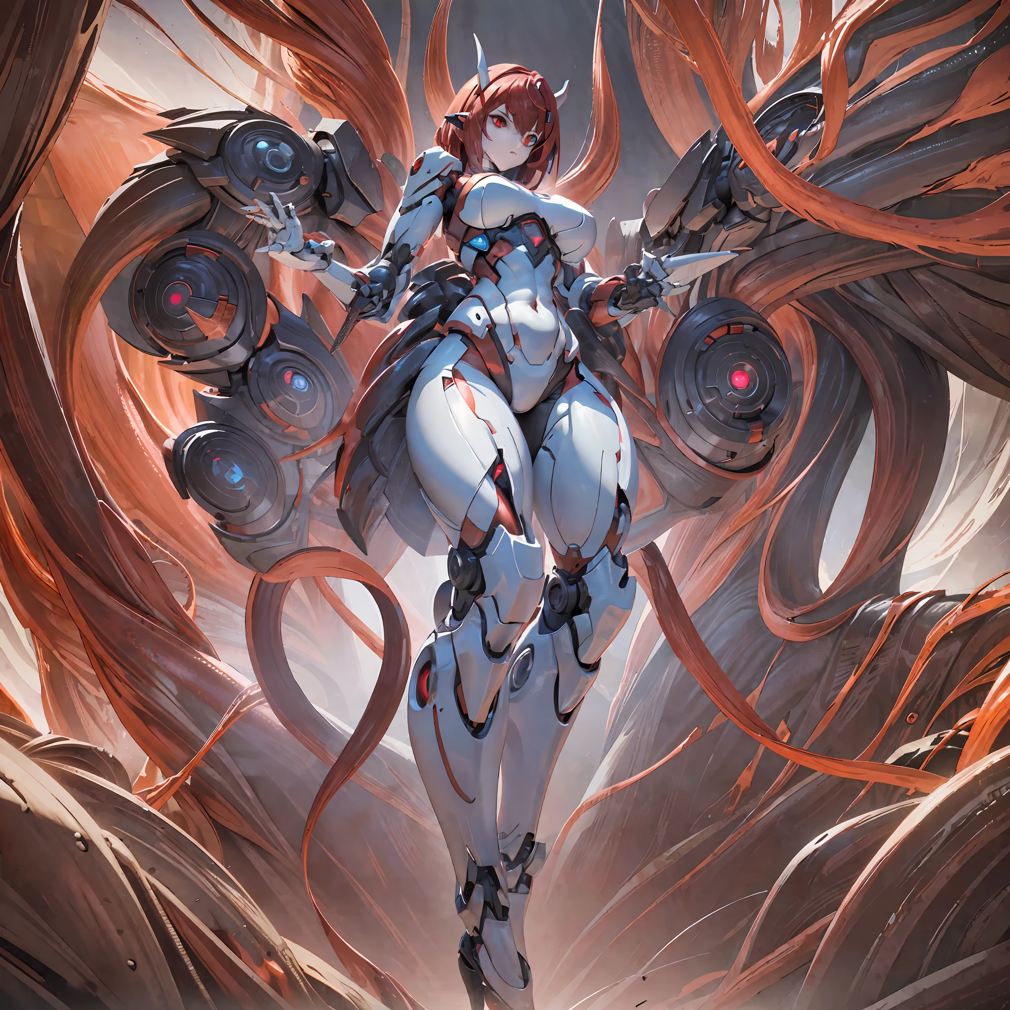 (Dark environment: 2.0) closed room, a girl armor with intoxicating curves, enchanting charm, and full chest, high degree of anthropomorphism, the armored body is a body with female human signs, the female human body is wearing a white one-piece rubber suit, the armor color is white, the armor surface is decorated with random symmetrical blue gemstones, the character's face is replaced with a mechanical, cute vivid mechanical face, the head wears mechanized red and white demon horns, and the mecha is parasitized by red mechanized octopus tentacles, The mechanical tentacles and the host body are perfectly integrated, the mechanical tentacles are perfectly integrated with the host organs, the armored whole body has obvious red tentacle parasitic characteristics, the clothes on the chest are replaced by red three-point underwear formed by the winding of mechanical tentacles, the white chest that exposes human signs, the clothes of the butt are replaced by red thongs formed by the winding of mechanized tentacles, the white lower abdomen that exposes human signs, there are no extra tentacles around the character, the armor squats, the armor shows its back and hips, and the view is from the character's back, Only one armor is rendered, there is no other armor in the picture, healthy, symmetrical, natural, properly proportioned, dynamic posture, human anatomy, correct proportions, smooth lines, two healthy arms, two well-proportioned legs, flexible fingers, stable gait, appropriate limb length, uniform muscle development, coordinated movements, correct range of motion for arms and leg joints, stable back, even leg spacing, balanced upper body posture, natural separation of legs, relaxed hip muscles, coordinated contraction of leg muscles, Healthy and flexible hands, well-proportioned and robust legs, suitable and comfortable high heels, good foot posture, ergonomic hand design, stable support for the feet, feet wearing mechanized high heels, suitable shoe size, sensitive f