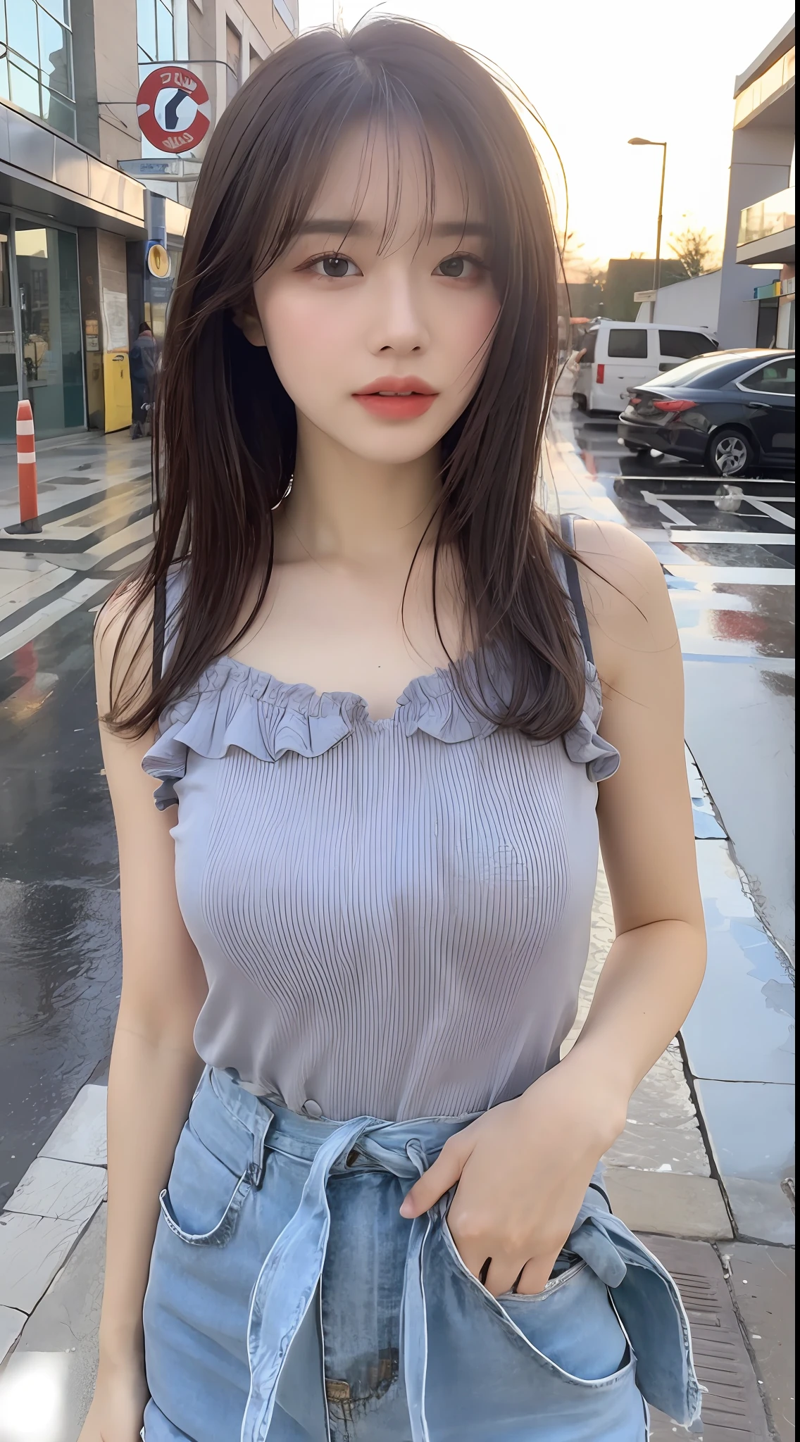 ((Best Quality, 8k, Masterpiece: 1.3)), Focus: 1.2, Perfect Body Beauty: 1.4, Buttocks: 1.2, (Layered Haircut: 1.2)), (Rain, Street:1.3), Highly detailed face and skin texture, Fine eyes, Double eyelids, Whitening skin, Long hair, (Round face: 1.5), sweet_****ta