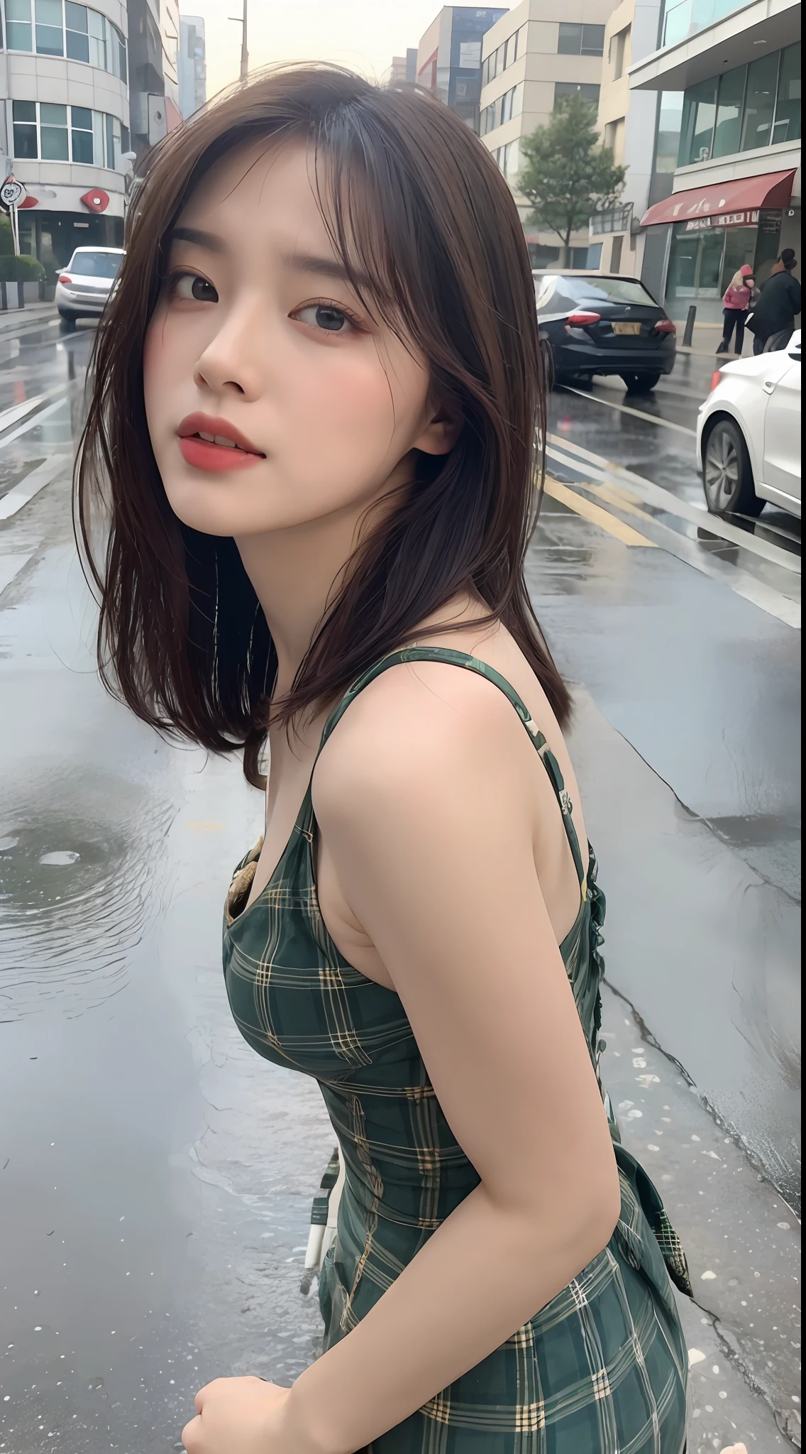 ((Best Quality, 8k, Masterpiece: 1.3)), Focus: 1.2, Perfect Body Beauty: 1.4, Buttocks: 1.2, (Layered Haircut: 1.2)), (Rain, Street:1.3), Highly detailed face and skin texture, Fine eyes, Double eyelids, Whitening skin, Long hair, (Round face: 1.5), sweet_ta