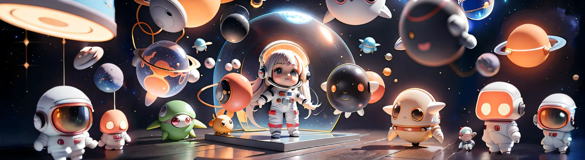 Super cute girl full body 3D picture, 1pc, good looking eyes, big eyes, cute, happy, c4d, pop matt blind box, white long hair, glowing bubbles, toys, solid color background, chibi, fluorescent translucency, luminous body, kawaii, doll, (((astronaut, spacesuit))), reference table, pop mart blind box, Pixar, complex details, 3d rendering, blender, OC renderer, fol body reference sheet, Dribble, High Details, 8K, Studio Lighting, Loli, Petite, Child, Chibi, SD characters: 1.1, Magic Space Warehouse background
