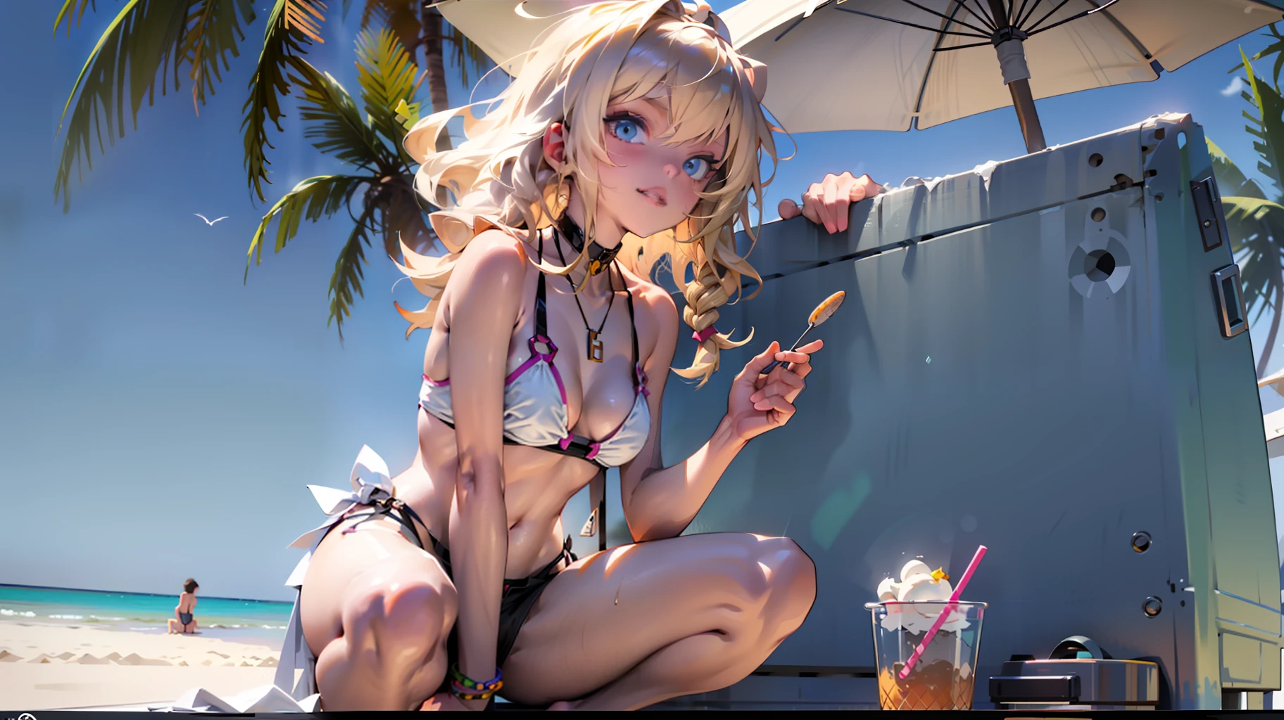 A 12-year-old girl, blonde with long hair, having an ice cream on the beach, revealing bikini