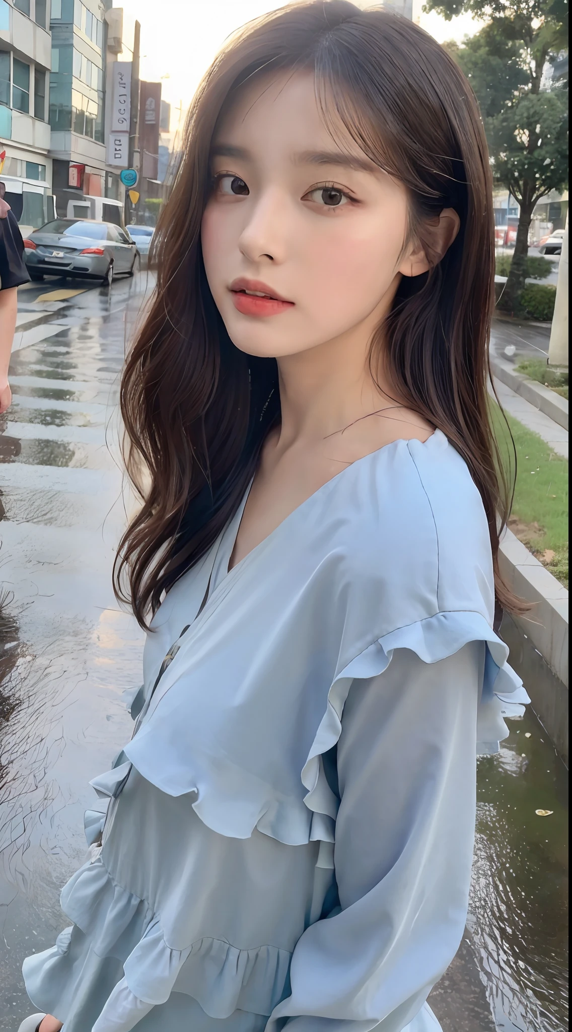 ((Best Quality, 8k, Masterpiece: 1.3)), Focus: 1.2, Perfect Body Beauty: 1.4, Buttocks: 1.2, (Layered Haircut: 1.2)), (Rain, Street:1.3), Highly detailed face and skin texture, Fine eyes, Double eyelids, Whitening skin, Long hair, (Round face: 1.5), sweet_lolita