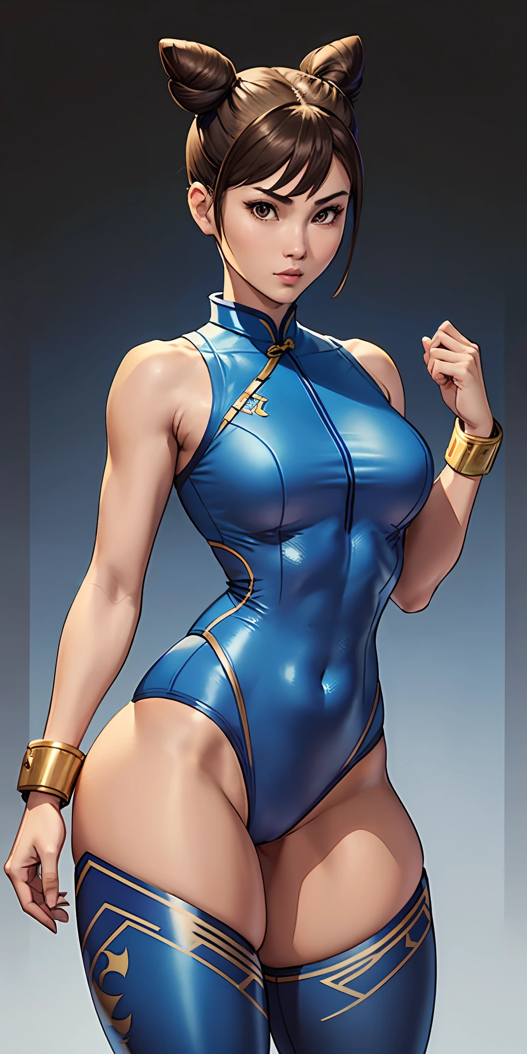 Woman in her 20s, Chunlims, (perfect face), Defined chin, beautiful brown eyes, Beautiful lips, (short brown hair, bun, double bun), (Perfect anatomy), (Athletic body), (Sexy), (thick thighs), (Perfect hands), (blue CheongSam), Blue tights, pointed bracelets, looking at the viewer, (Full mid-plane photograph), (Fight arena background), Catwoman fusion