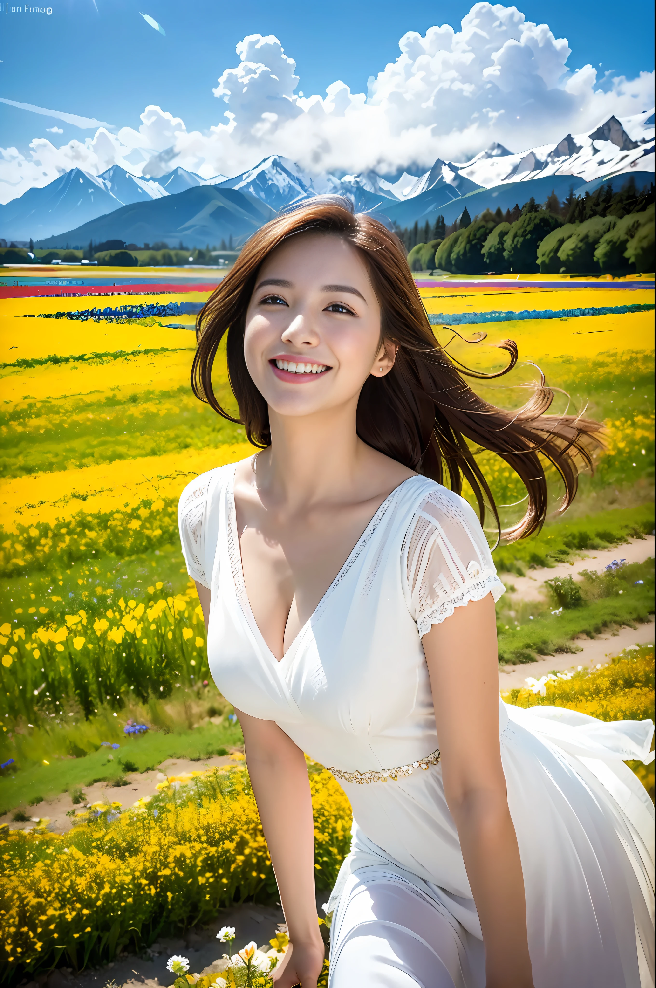1 Girl, Dynamic Angle, Clouds and Mountains, (Flower Field: 1.4) in the foreground, White dress, Light tracing, (Floating Colorful Wind: 1) (Realistic: 1.4), Official Art, Unity 8k wallpaper, Ultra detailed, Beautiful and beautiful, Masterpiece, Best Quality, Glow Skin, Movie Lighting, Light Smile
