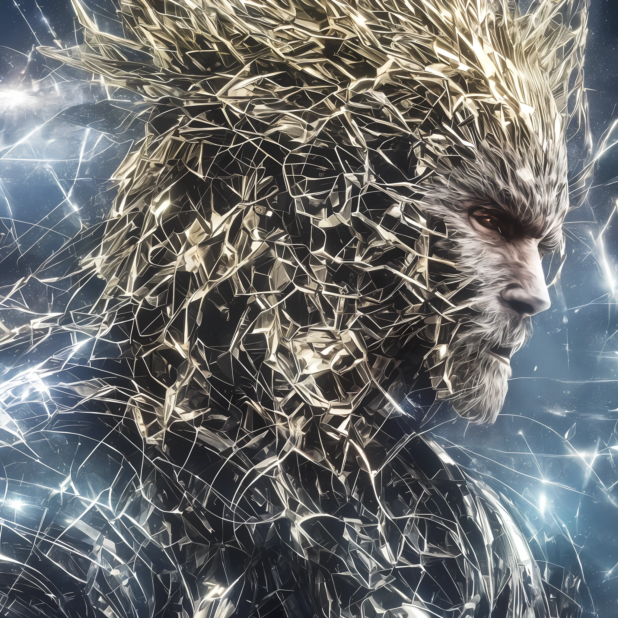 A man with an impressive monkey head emerges from the chaos of a dystopian future. Wearing advanced cybernetic armor, he represents the evolution of the human species. His imposing and powerful presence is intensified by the contrast between his primal appearance and the technological elements that surround him. The image is a high-quality, detailed and realistic representation that captures the essence of this new form of life. --auto --s2