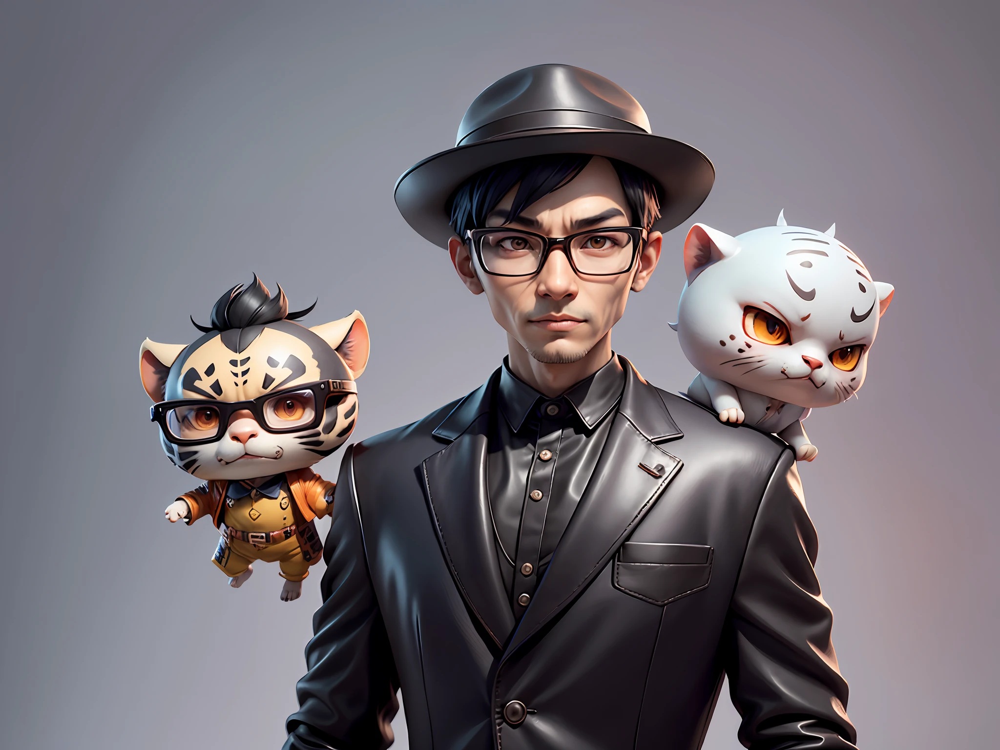 Young man with oriental face in leather hat, tiger, oriental face in formal suit, short black hair, silver glasses, digital painting, 3D character design by Mark Clairedon and Pixar and Hayao Miyazaki and Akira Toriyama, the illustration is a high-definition illustration in 4K resolution with very detailed facial features and cartoon-style visuals.