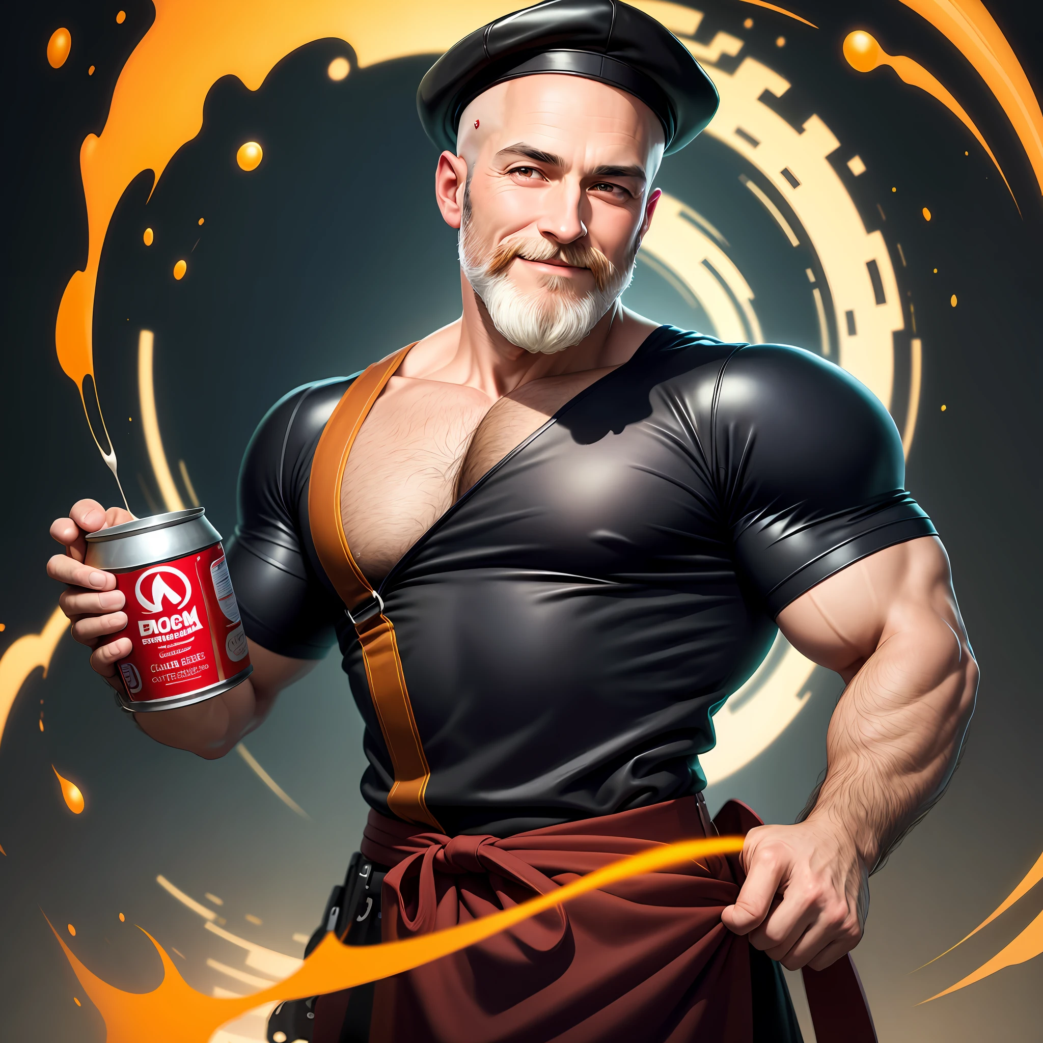 Best quality, realistic, award-winning illustration, (complicated detail: 1.2), (fine detail), (complicated detail), (cinematic lights, best quality), sharp lines, sharp focus, official art, 16k, on a white background, (A man with a smiling face: 1.3), a playful young boss, there is a man with a bald head and beard, (bald short-beard: 1.3), bald head and smiling look, with beard and mustache, about 45 years, (42 years), men of 45 years, without completely bald hair, (short goatee: 1.3), (face with fine details of wrinkles: 1.2), (details of the aged face: 1.2), (without beard: 1.3), pronounced male characteristic, flirting with the camera. wearing black apron uniform with red, wearing cap, black cap and red details, wearing jockstrap, man posing for a photo, holding a huge can of creamy sweet milk oozing on huge, dulce de leche pouring, dulce de leche splash, sweet milk explosion, all-white background, headshot profile picture, posing for a photo.