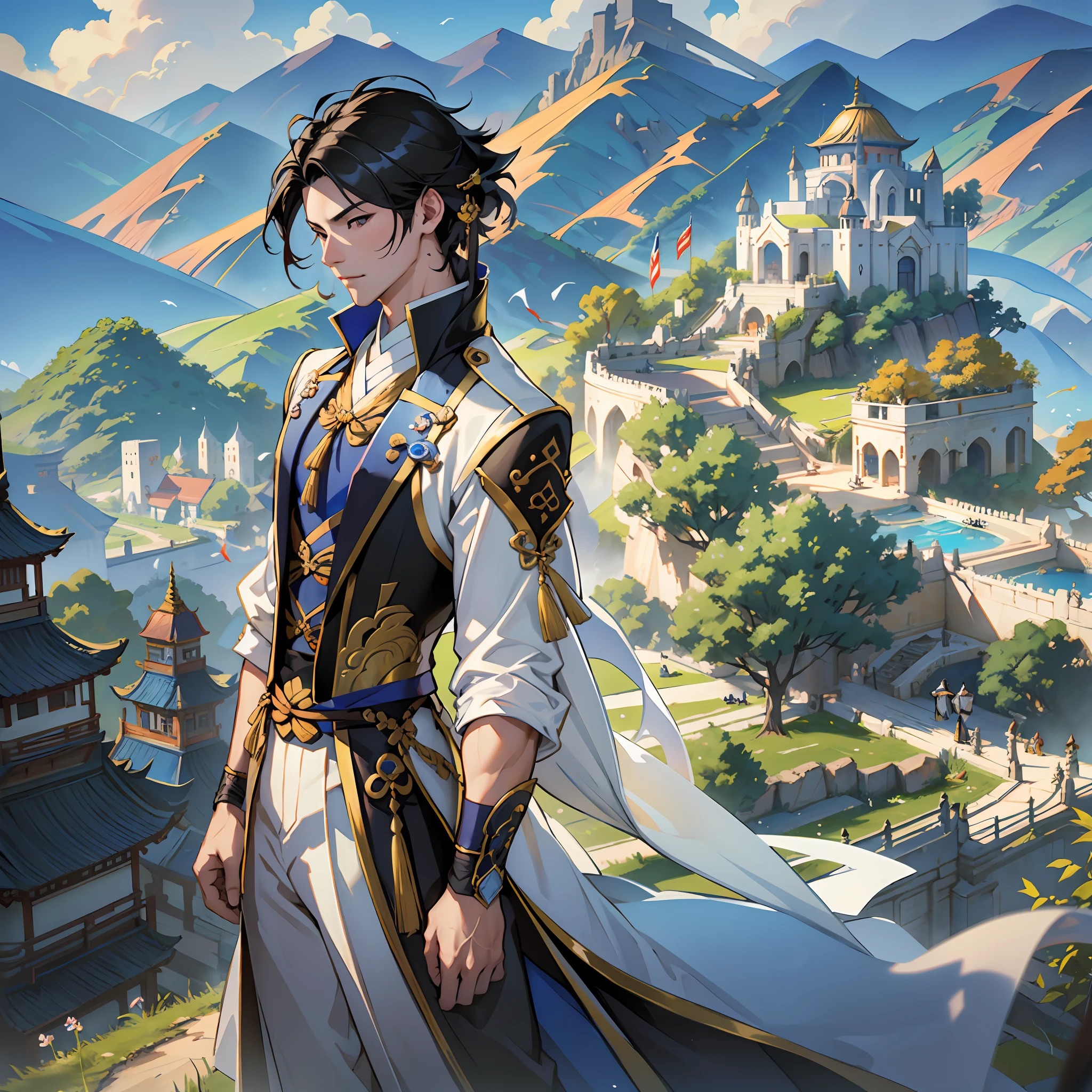 (highest quality, extremely delicate) handsome man, Xiuxian world, sun, blue sky, tang costume, black hair, ancient architecture, panorama, meticulous, 8k