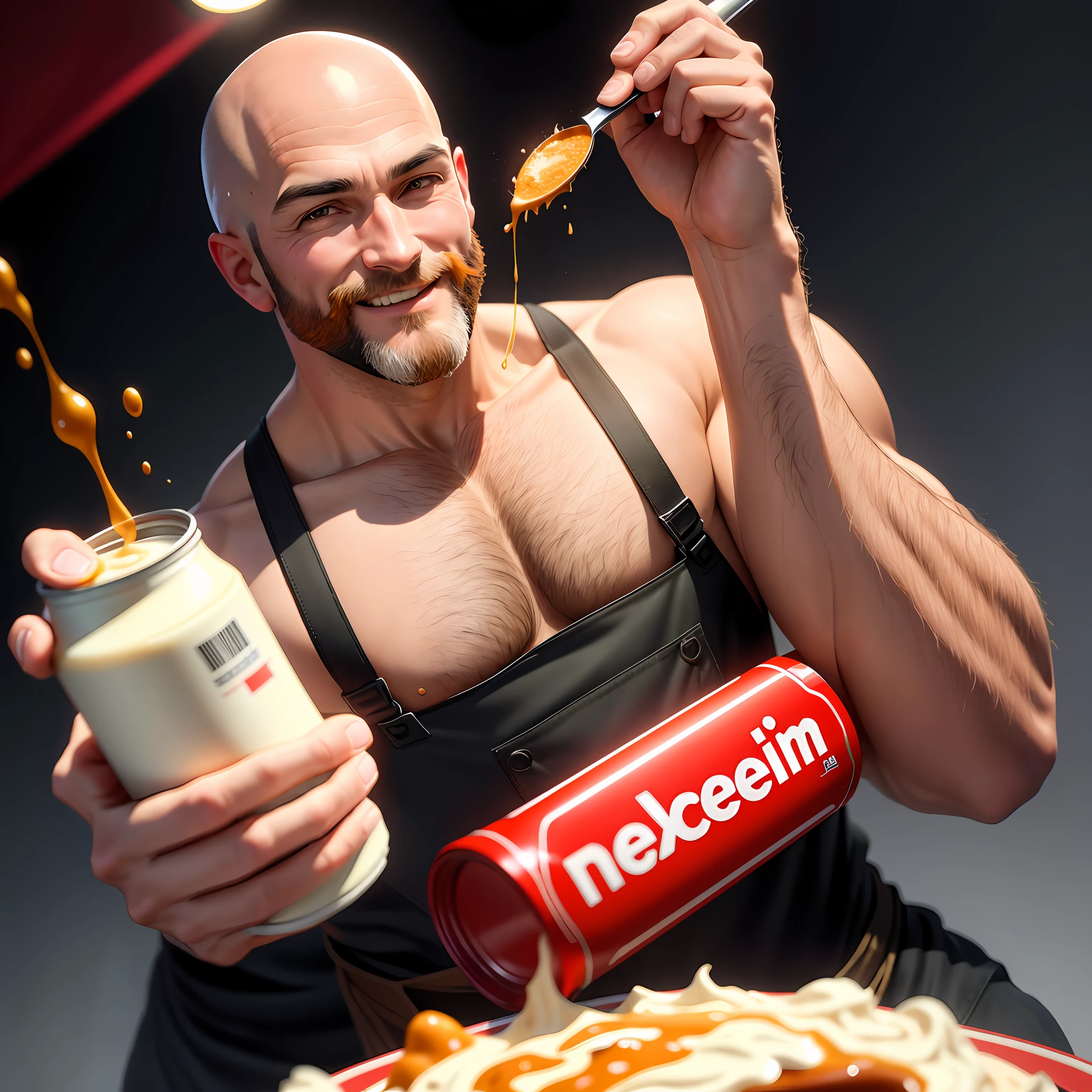 Best quality, realistic, award-winning illustration, (complicated detail: 1.2), (fine detail), (complicated detail), (cinematic lights, best quality), sharp lines, sharp focus, official art, 16k, on a white background, (A man with a smiling face: 1.3), a playful young boss, there is a man with a bald head and beard, (bald short-beard: 1.3), bald head and smiling look, with beard and mustache,  about 45 years, (42 years), men of 45 years, without completely bald hair, (short goatee: 1.3), (face with fine details of wrinkles: 1.2), (details of the aged face: 1.2), (without beard: 1.3), pronounced male characteristic, flirting with the camera. wearing black apron uniform with red, wearing cap, black cap and red details, wearing jockstrap, man posing for a photo, holding a huge can of creamy sweet milk oozing on huge, dulce de leche pouring, dulce de leche splash, sweet milk explosion, all-white background, headshot profile picture, posing for a photo.