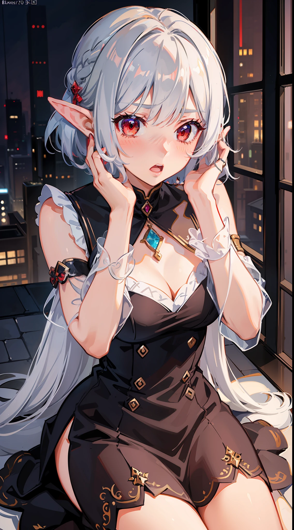 1 Girl Full Body, Elf, Silver Hair, Red Eyes, Bob Cut, Braid, Dress, Facing Front, (Putting Both Hands on Their Face), (Surprised), (Blushing), Concept Art, Beautiful Anime Scene, Beautiful Anime Scenery, Top Rated on pixiv, Top Quality, 4K