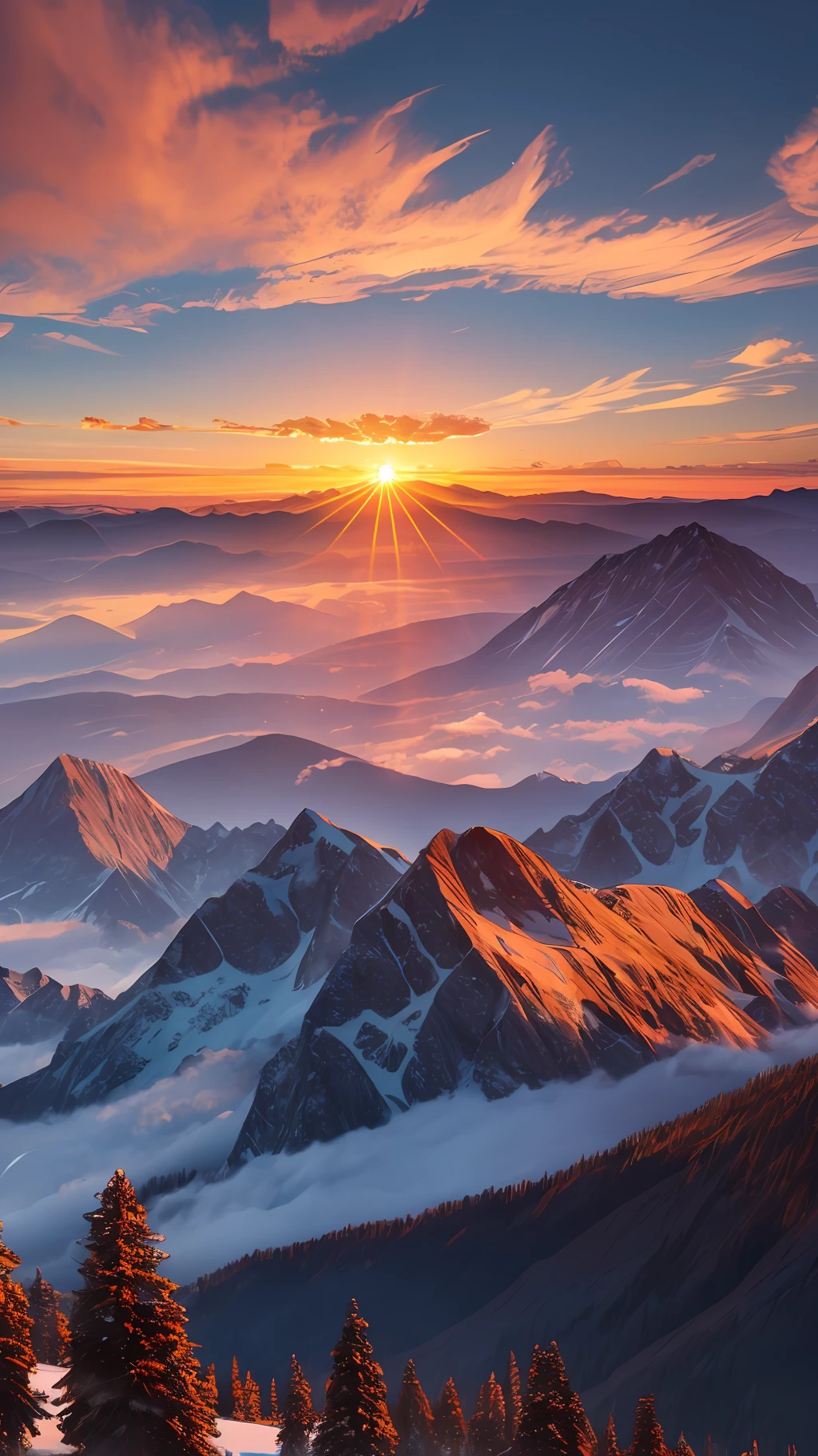 Create a hyperrealistic 8k image of a majestic sunrise over a mountainous landscape --auto --s2