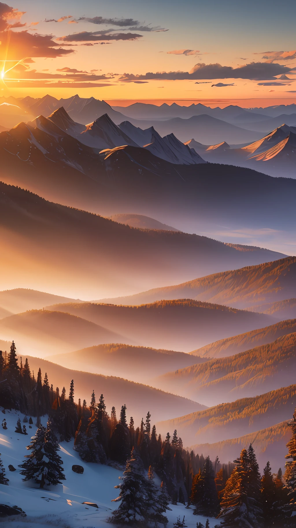 Create a hyperrealistic 8k image of a majestic sunrise over a mountainous landscape --auto --s2