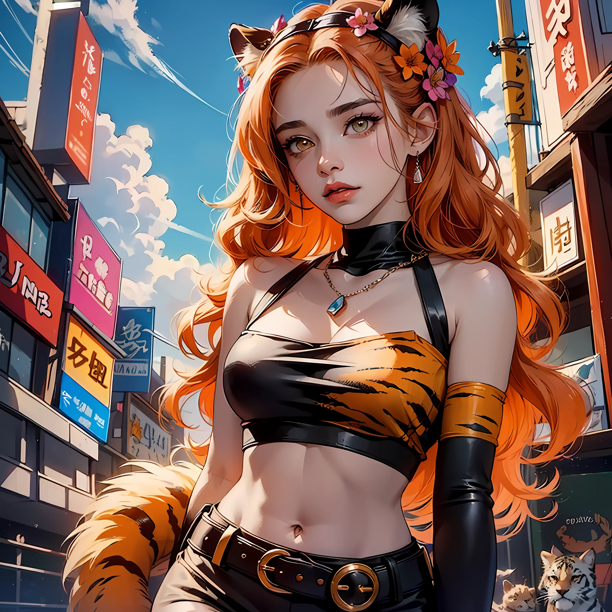 masterpiece, 4k, high quality, highly detailed, detailed face, HDR, vivid colors, solo, 1 girl, natural lighting, city,tiger girl, tiger fluffy tail, tube top with animal print pattern, lots of statement accesories, cozy homey fashion, rainbow artistic makeup, stylish, tanned skin, dark skin, really long black eyelashes, long pink nails with intricate nail-art, bright orange hair with flower head_accessory, 1990s_style (anime_screencap) --auto --s2