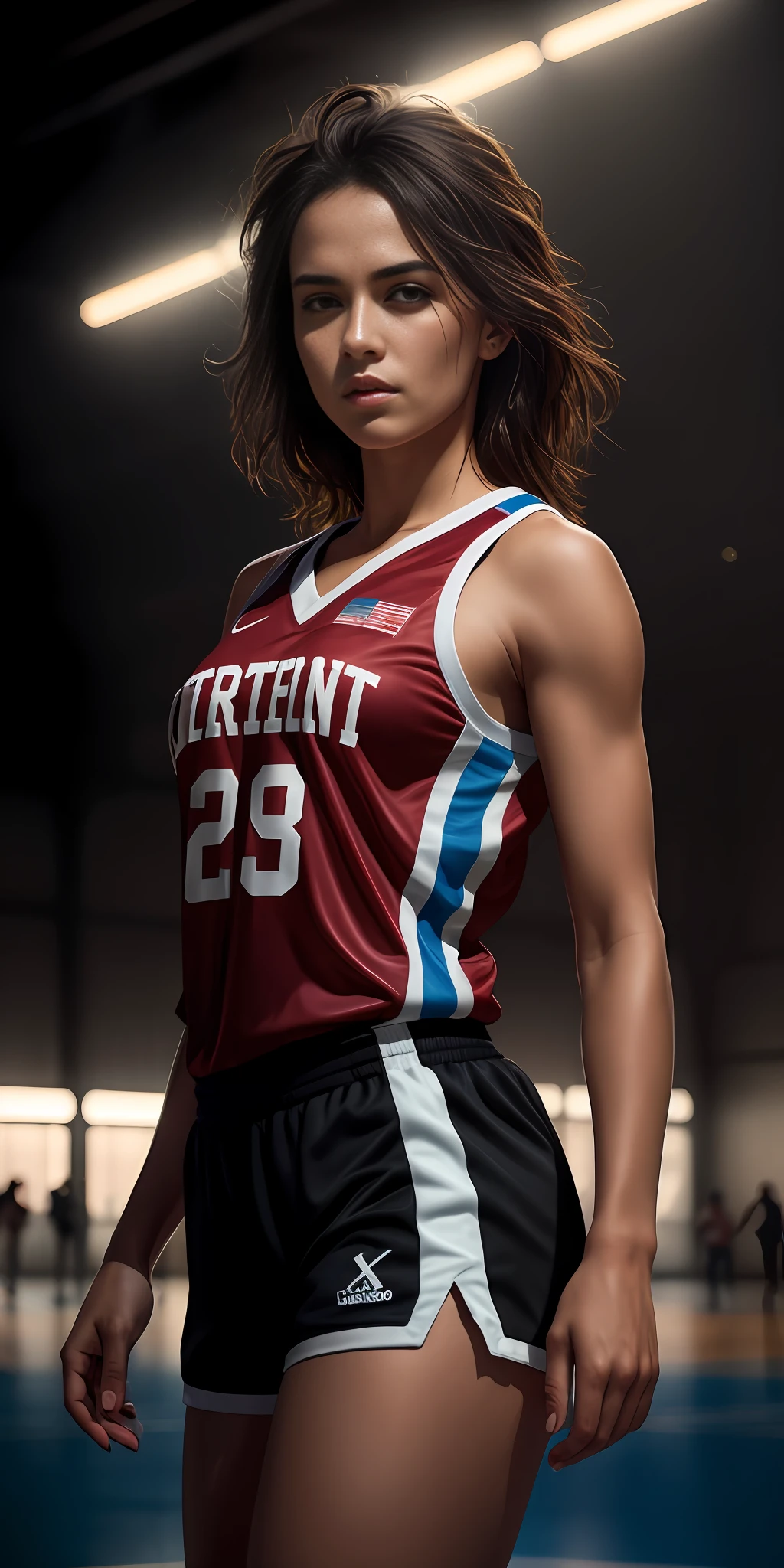 beautiful mature college girl, wearing basketball outfit, in basketball court, ((slim, petite)), photorealistic, photo, masterpiece, realistic, realism, photorealism, high contrast, photorealistic digital art trending on Artstation 8k HD high definition detailed realistic, detailed, skin texture, hyper detailed, realistic skin texture, armature, best quality, ultra high res, (photorealistic:1.4),, high resolution, detailed, raw photo, sharp re, by lee jeffries nikon d850 film stock photograph 4 kodak portra 400 camera f1.6 lens rich colors hyper realistic lifelike texture dramatic lighting unrealengine trending on artstation cinestill 800,