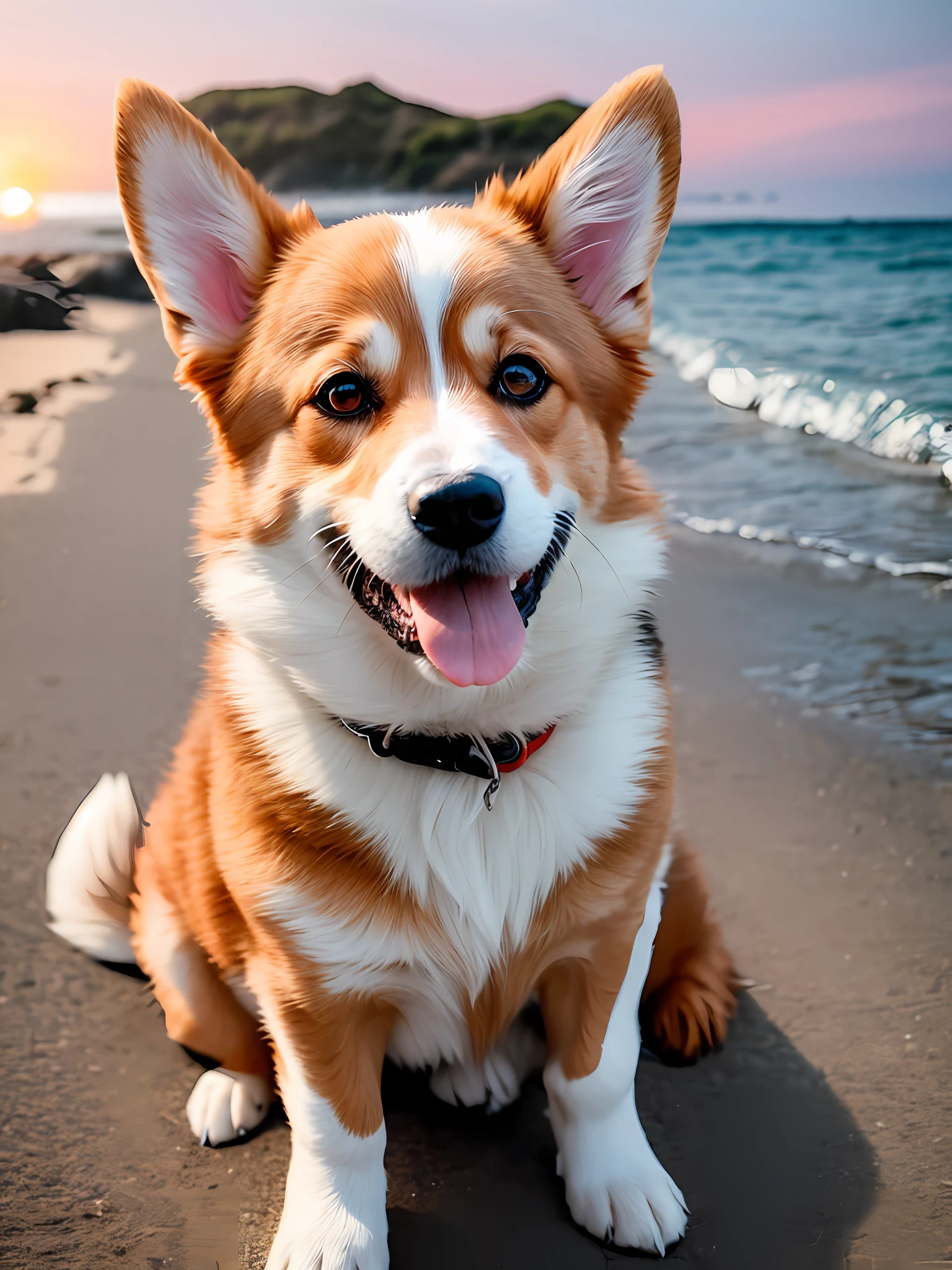 There is a dog sitting on the beach, happy dog, cute corgi, smile happily at the camera, cute dog, close-up portrait, friendly smile, warm smile, pet animal, beach, sky, sunset, backlight