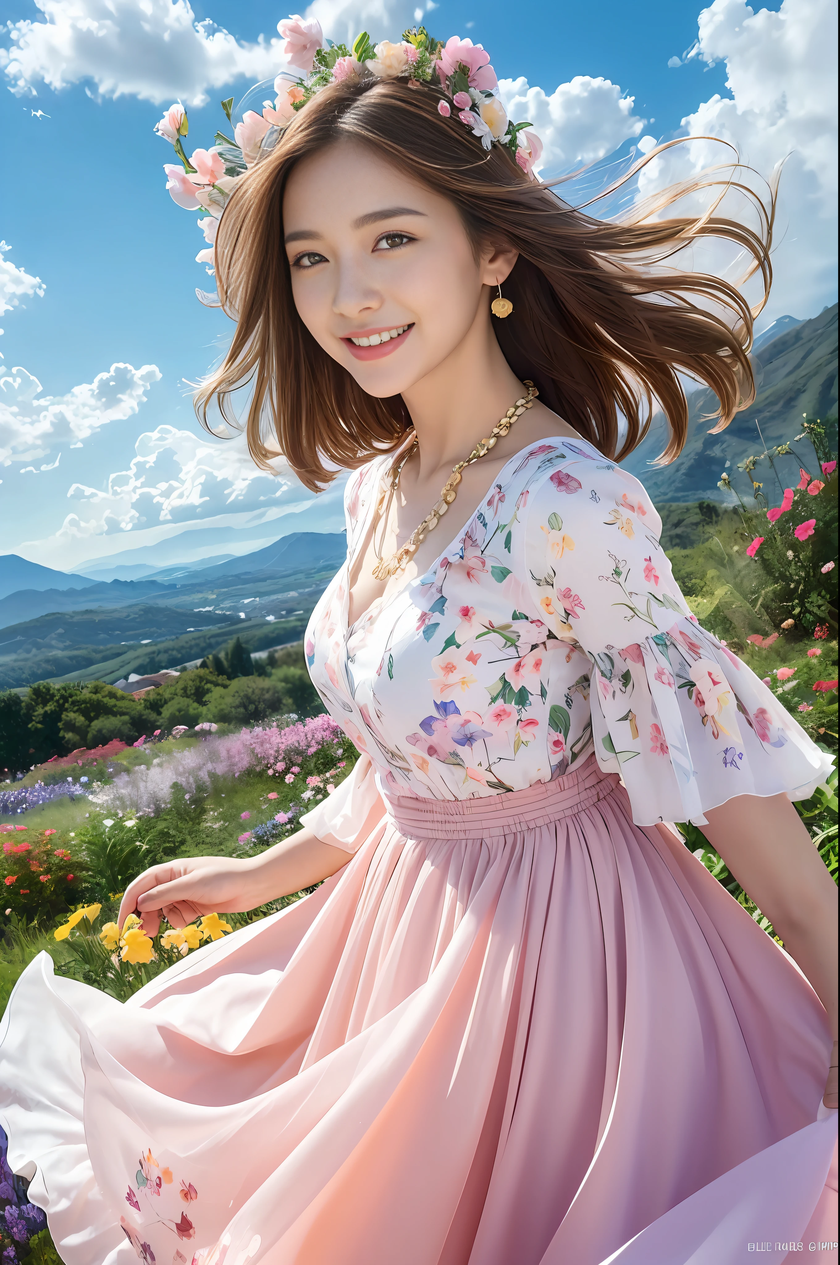 1 Girl, Dynamic Angle, Clouds and Mountains, (Flower Garden: 1.4) Foreground, White Dress, Light Tracing, (Floating Colorful Wind: 1) (Realistic: 1.4), Official Art, Unity 8k Wallpapers, Ultra Detail, Beautiful and Beautiful, Masterpiece, Best Quality, Glowing Skin, Movie Lighting, Light Smile, Necklace, Korean Women